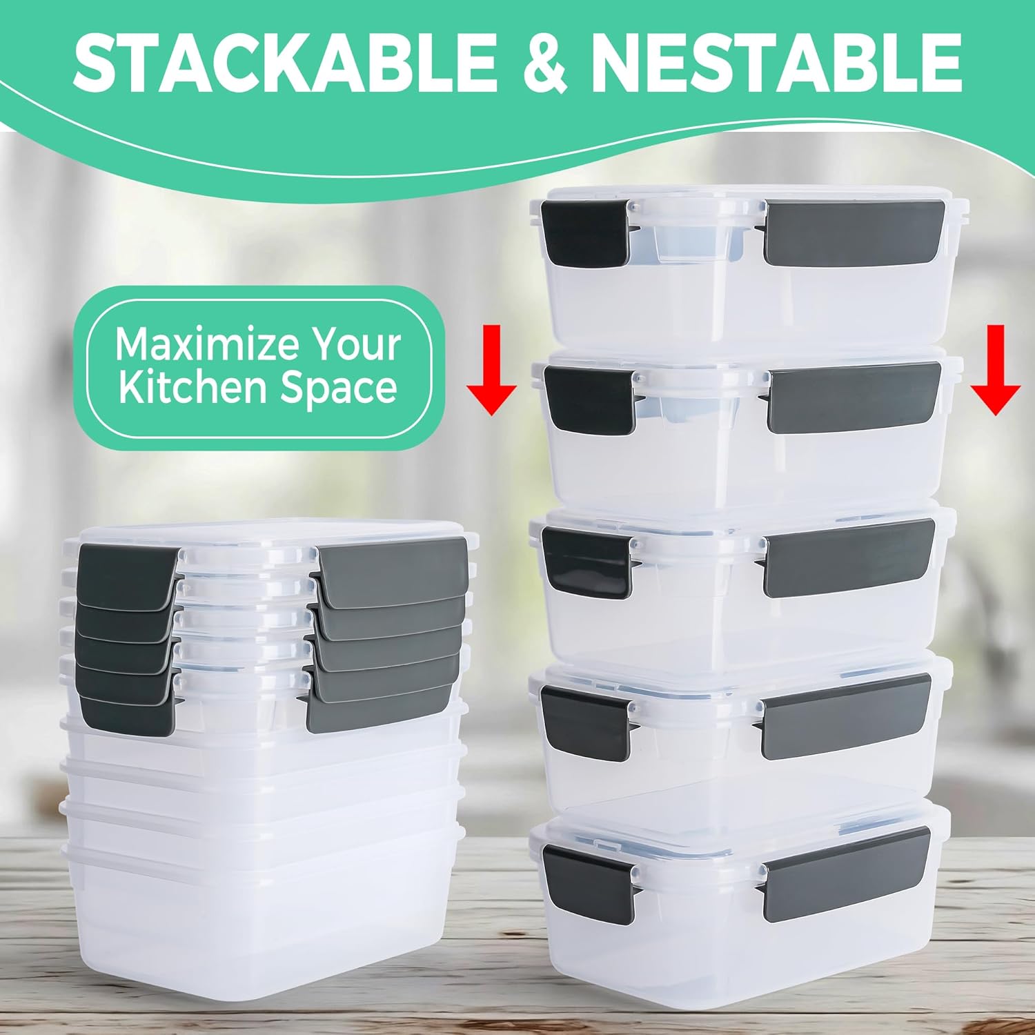 Recipientes de almacenamiento de alimentos sin BPA con tapas, 5 tazas de plástico extra grueso para congelador, sobras de comida preparada,