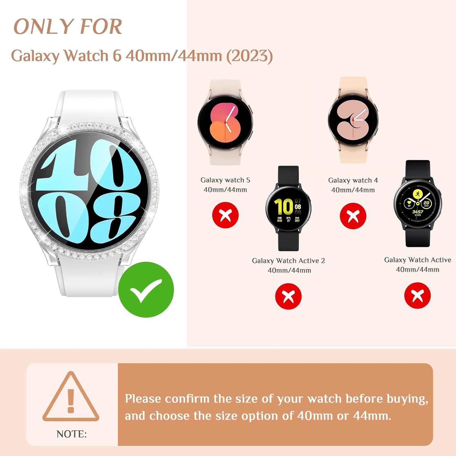 Goton Paquete de 3 fundas brillantes para Samsung Galaxy Watch 6, protector de pantalla de 1.732 in, vidrio templado con purpurina de diamante para