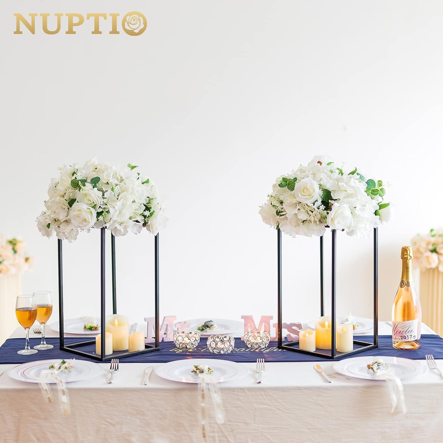 Nuptio Jarrón negro para centros de mesa de boda, 2 jarrones de 15.7 pulgadas de alto para centros de mesa de boda, jarrones negros para flores,