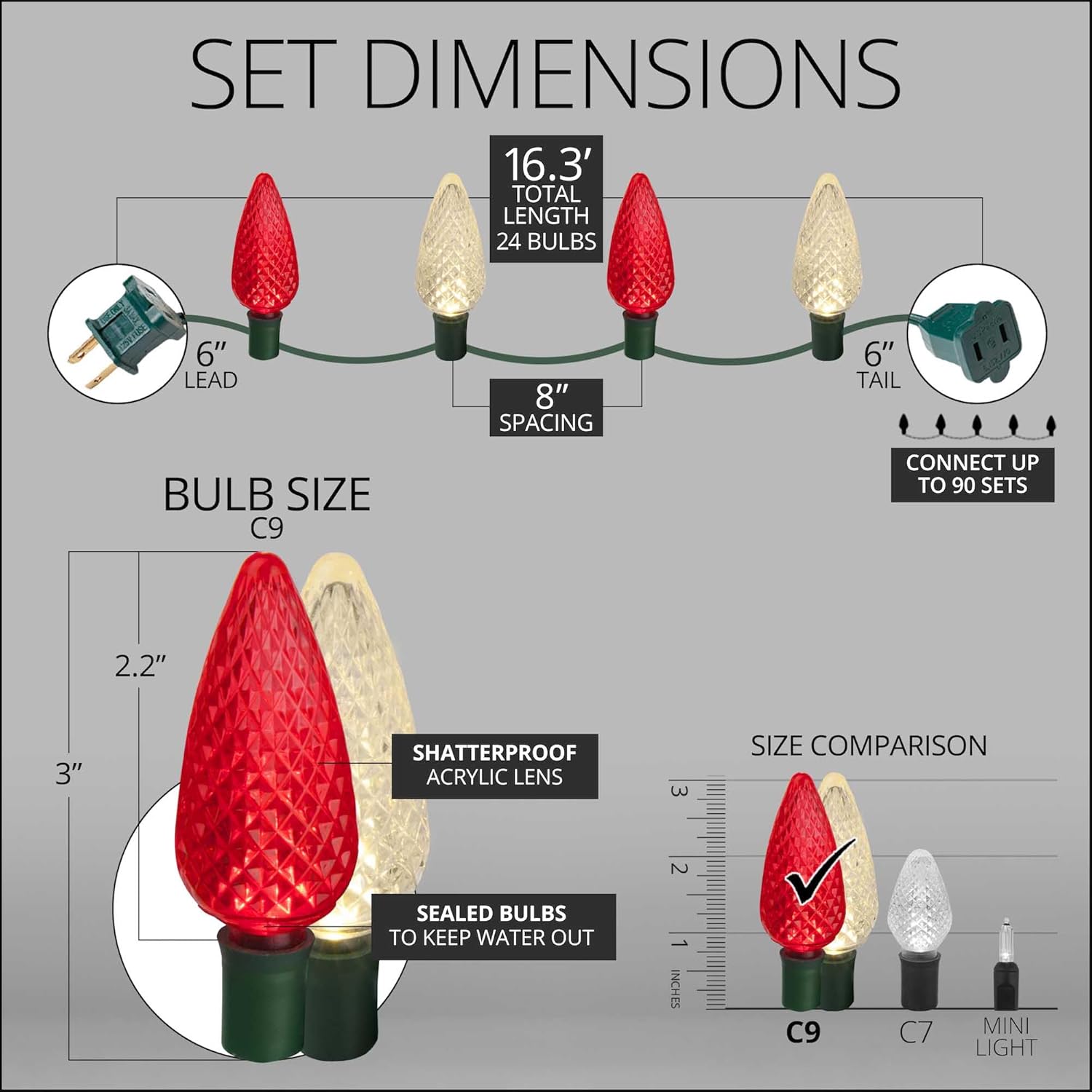 Wintergreen Lighting C9 – Juego de 24 luces de Navidad rojas y blancas, 16.3 pies, luces LED de Navidad rojas, blancas cálidas para interiores y