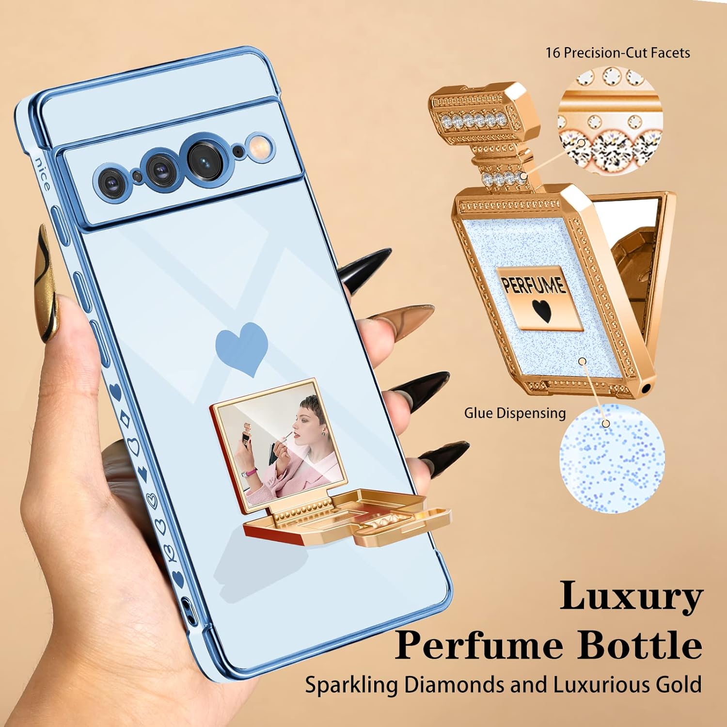Buleens Funda para Pixel 7 Pro con soporte de espejo de botella de perfume de metal, bonitas fundas de corazón femenino para Google Pixel 7 Pro,
