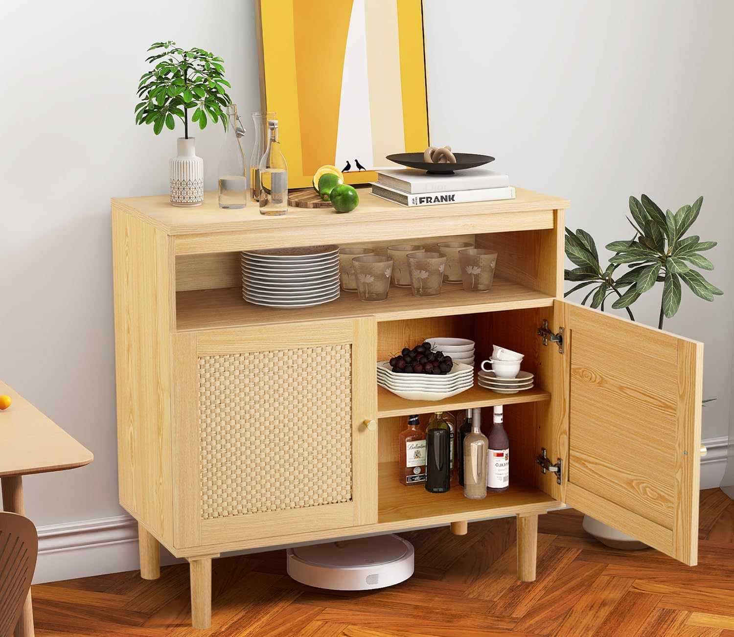 TYBOATLE Armario de buffet moderno con almacenamiento, aparador bohemio con 2 puertas de ratán tejido kraft y estantes ajustables, mesa de consola