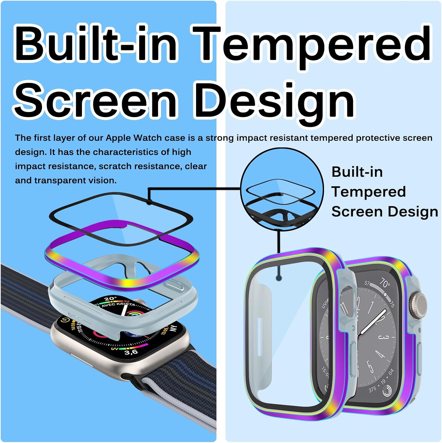 Miimall Compatible con Apple Watch Series 8 7, parachoques de metal con protector de pantalla de vidrio, a prueba de golpes y caídas resistente al