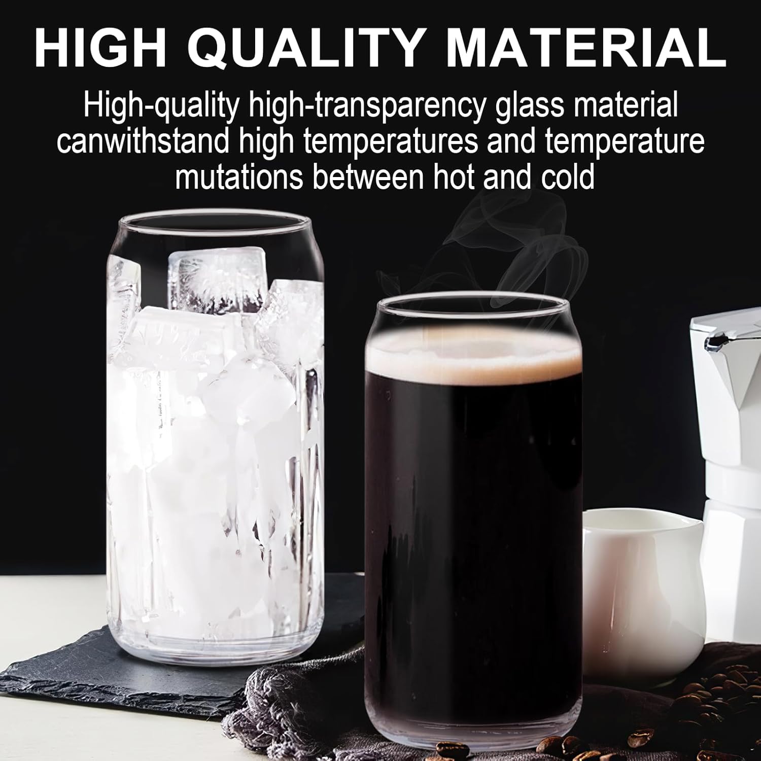 AiHeart Juego de 12 vasos para beber con tapas y popotes de vidrio, vasos de vidrio con forma de lata de cerveza de 20 onzas, vasos de café helado,