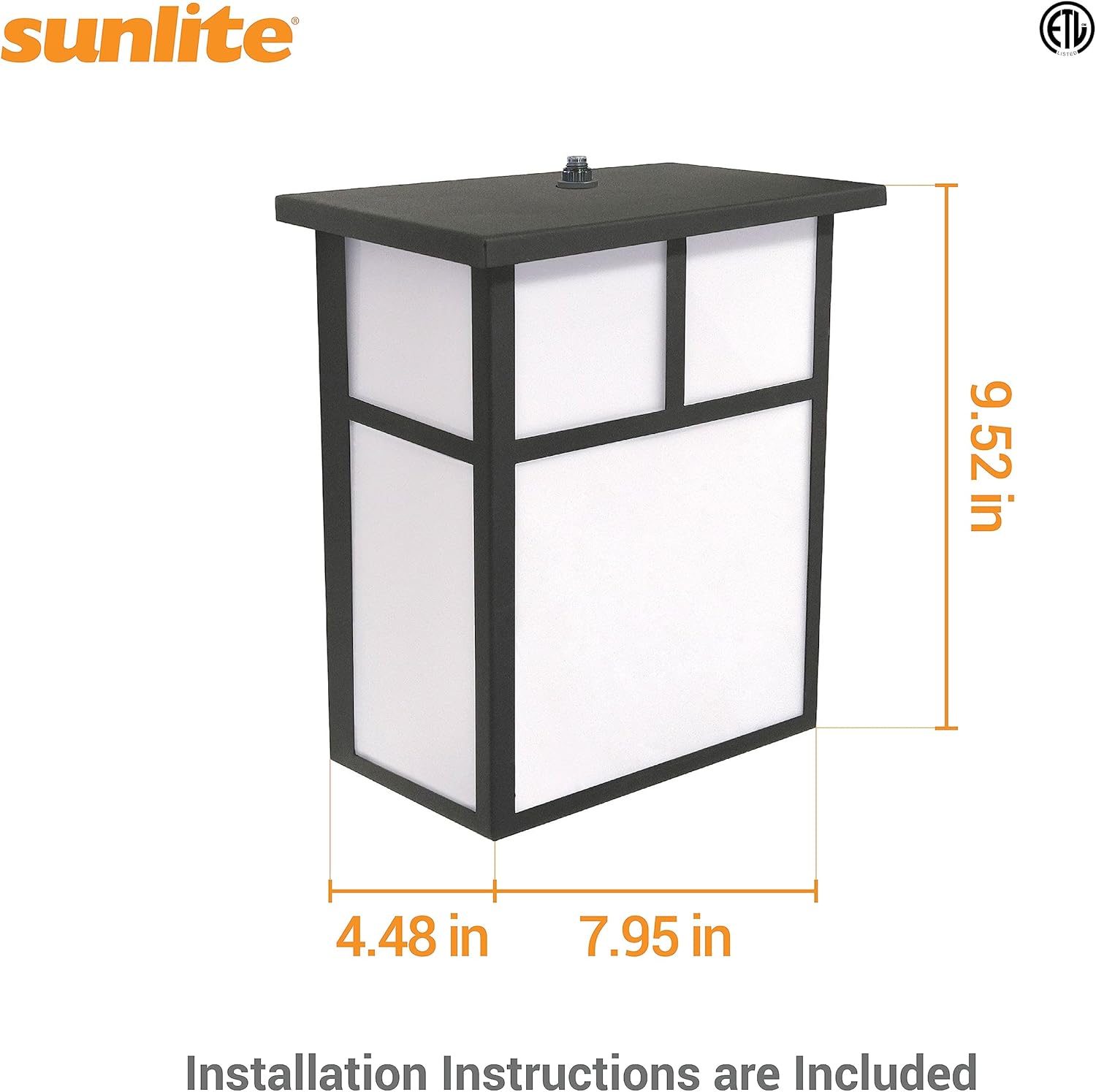 Sunlite 88683 Lámpara LED Mission Style para exteriores, 12 vatios (75 W  ), 800 LMN, fotocélula incorporada, acabado negro, lente blanca opaca,