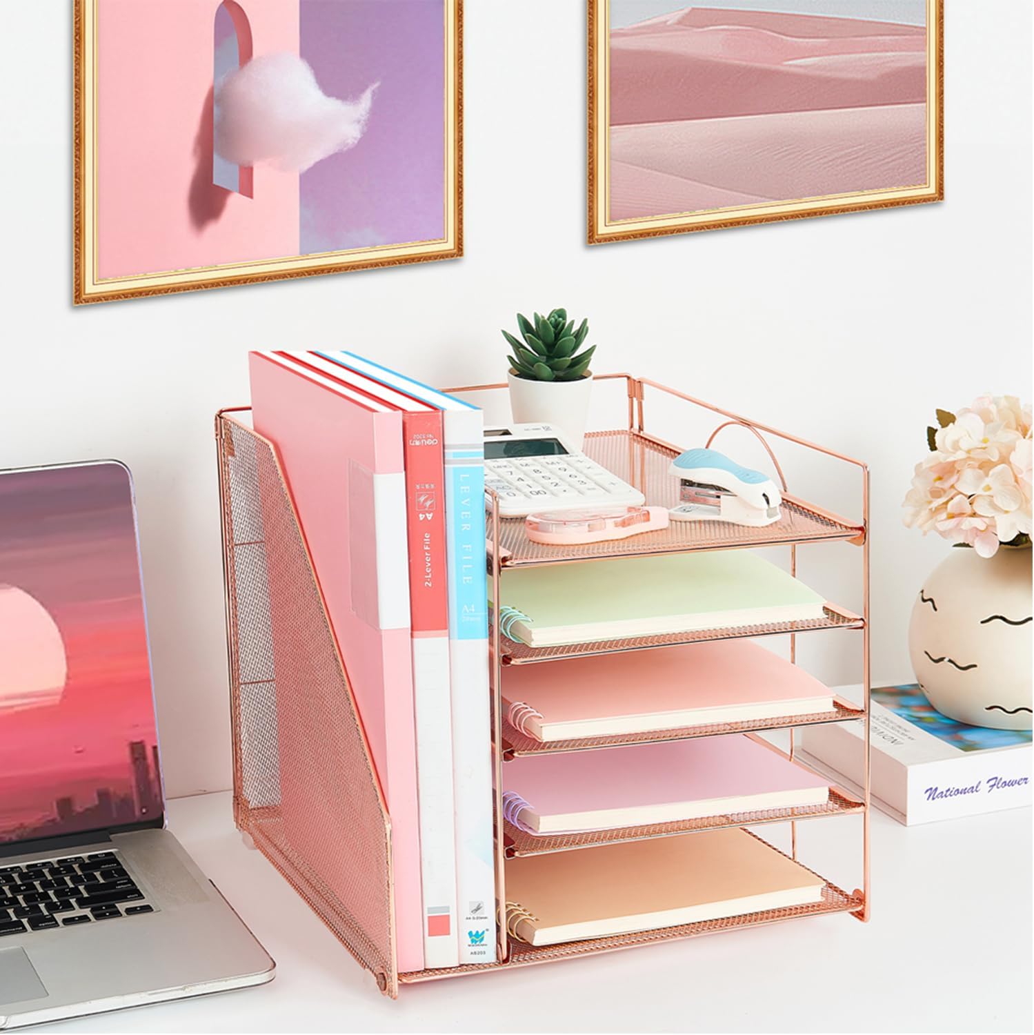 LEKETREE Organizadores de escritorio y accesorios, organizador de bandeja de papel de 5 niveles con soporte para archivos, suministros de oficina
