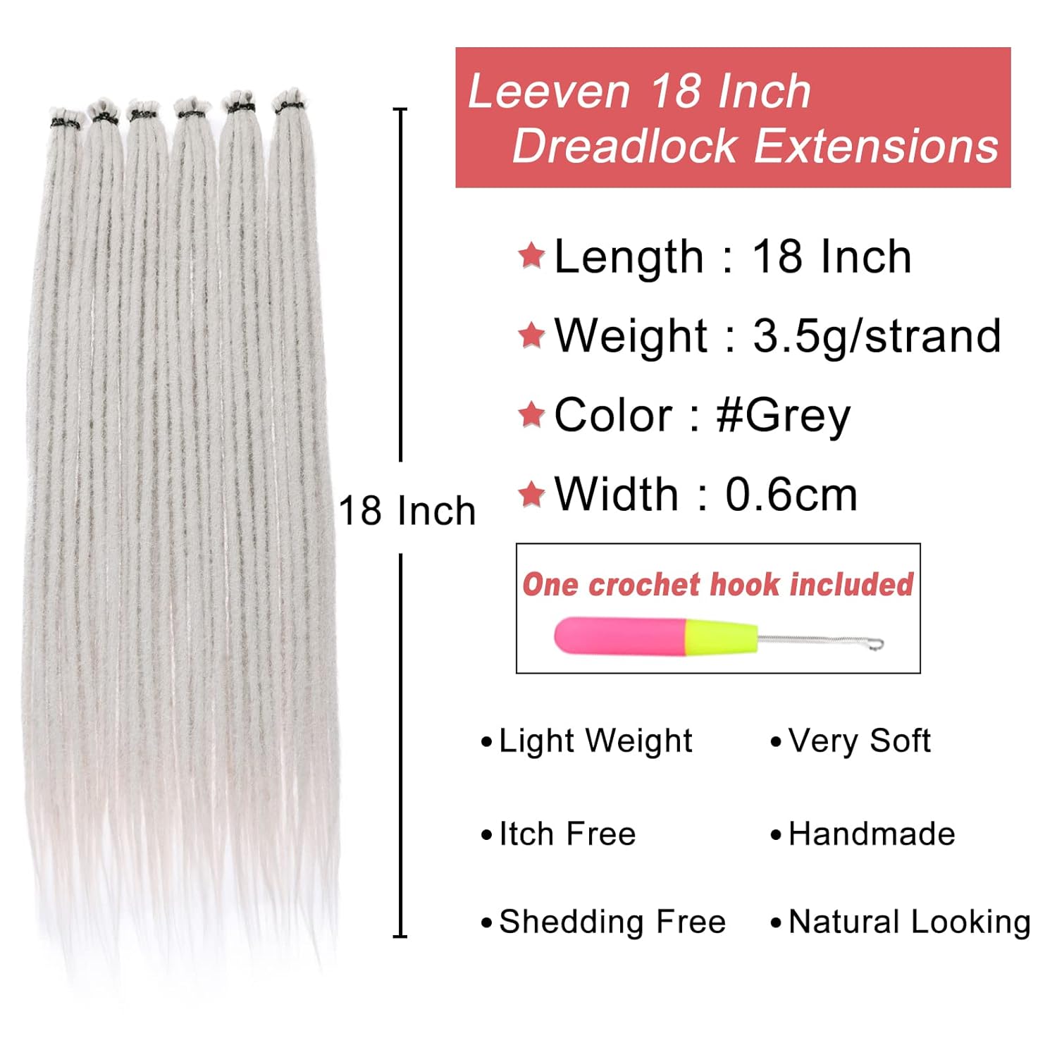 Leeven Extensiones de rastas grises de 40 hebras, de 18 pulgadas, hechas a mano, suaves, de 0.2 in de ancho, extensiones de cabello sintético estilo