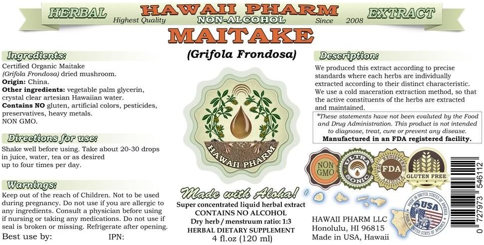 Hawaii Pharm Maitake Extracto líquido sin alcohol, Maitake orgánico (Grifola Frondosa) Suplemento herbario natural de glicerita de hongos secos, EE.