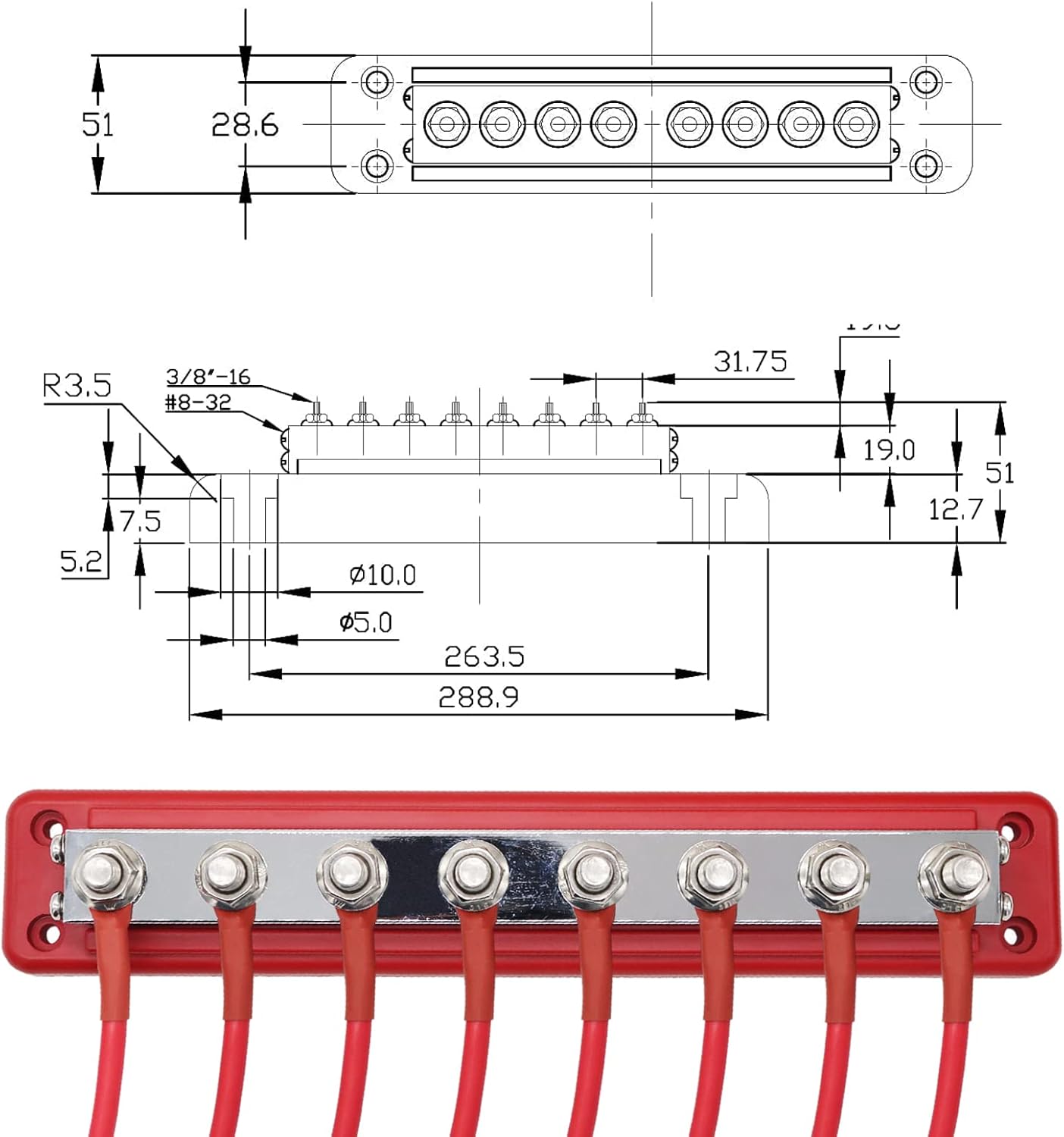 Barra de bus resistente de alta corriente 600 A, 300 V CA48 V CC, 8 vías 38 pulgadas (M10), bloque de distribución de tierra de terminal de cableado