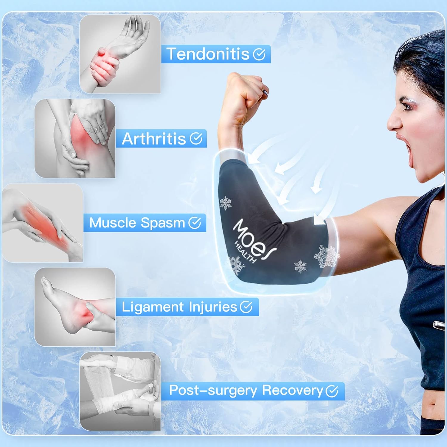 MOES Paquete de hielo para codo y rodilla, manga fría de gel reutilizable para rodilla, codo, tobillo, pantorrilla, envoltura fría flexible para