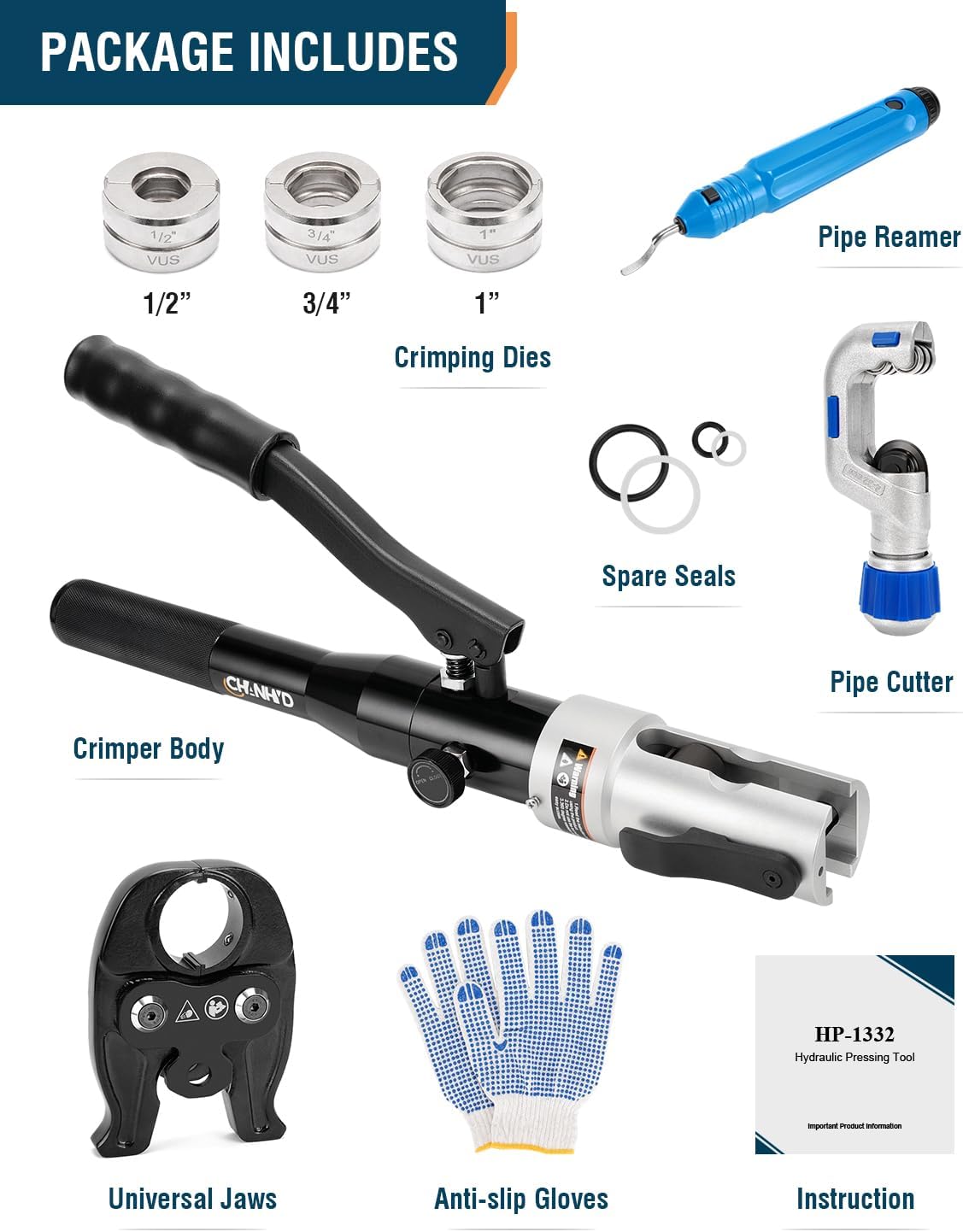 Accesorios de tubo de cobre hidráulico 12, 34, 1 “Kit de herramientas de prensado de prensado de pipa Pex, alicates de prensado de alicates de