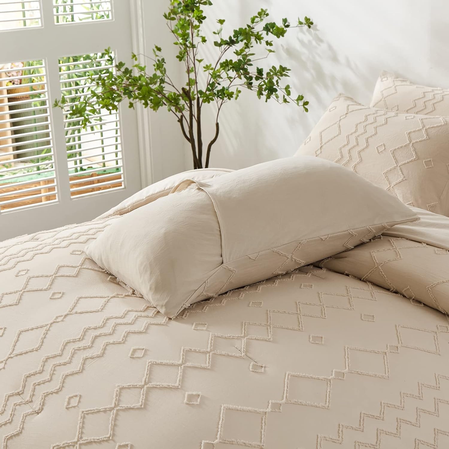 Juego de edredón bohemio tamaño King, cama copetuda beige en una bolsa de 7 piezas con edredones y sábanas, juego de ropa de cama de microfibra
