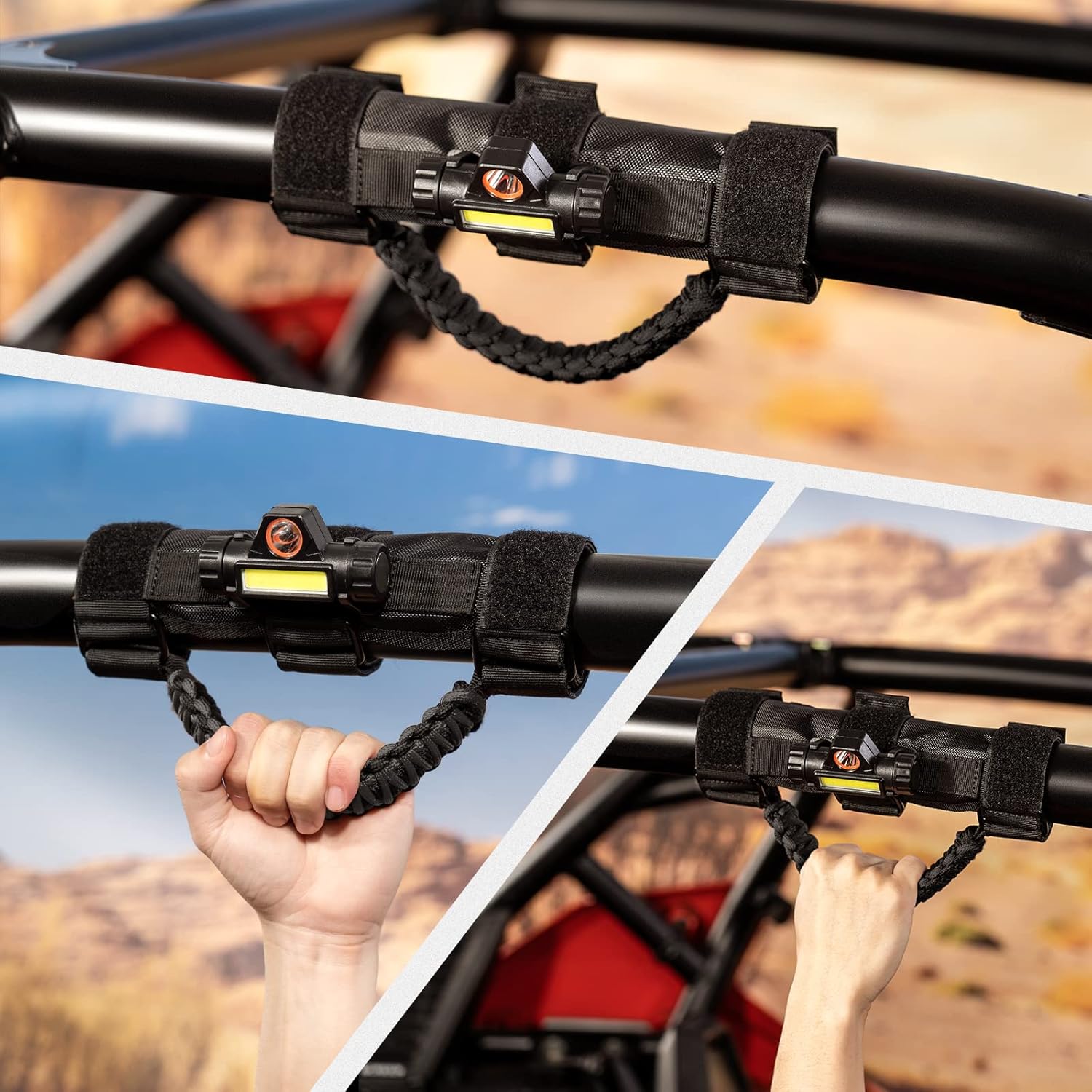 KEMIMOTO Mango de agarre UTV con luz de cúpula, se adapta a barra antivuelco de 1.75 a 2 pulgadas compatible con Polaris Slingshot RZR Can Am X3