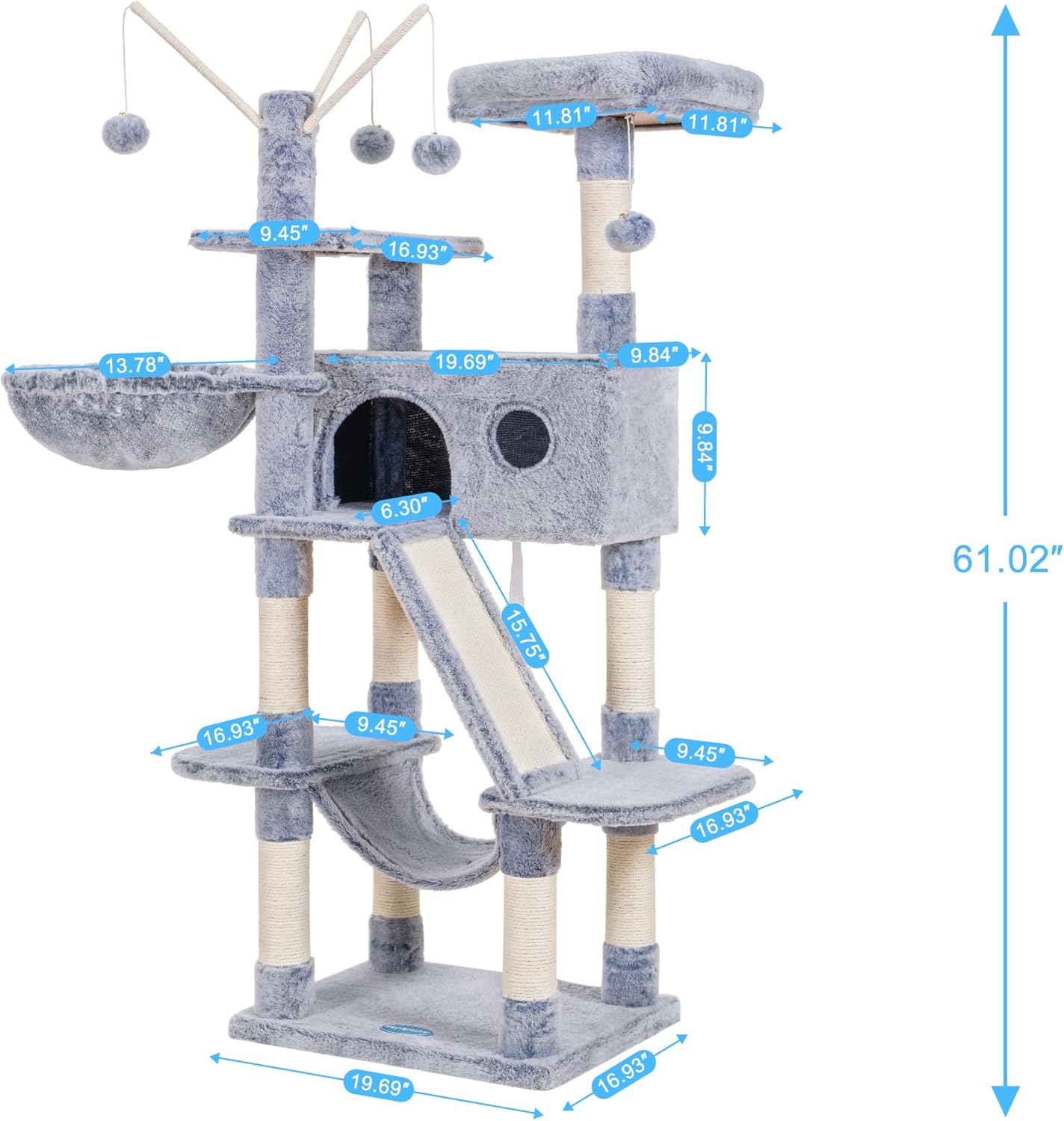 Hey-brother Árbol para gatos, torre para gatos de 61 pulgadas para gatos de interior, casa para gatos con plataforma acolchada, bolas de juguete,