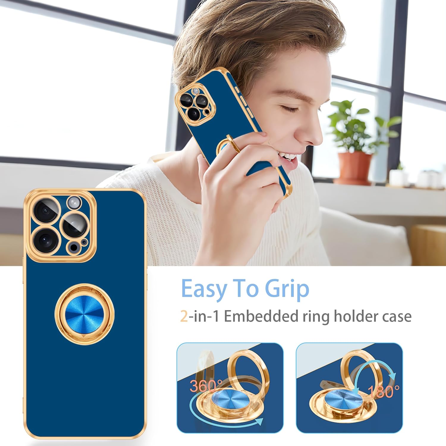 Fingic Funda para iPhone 15 Pro Max con soporte de anillo de 360 soporte magnético para automóvil Lindo soporte delgado para mujeres y niñas, funda