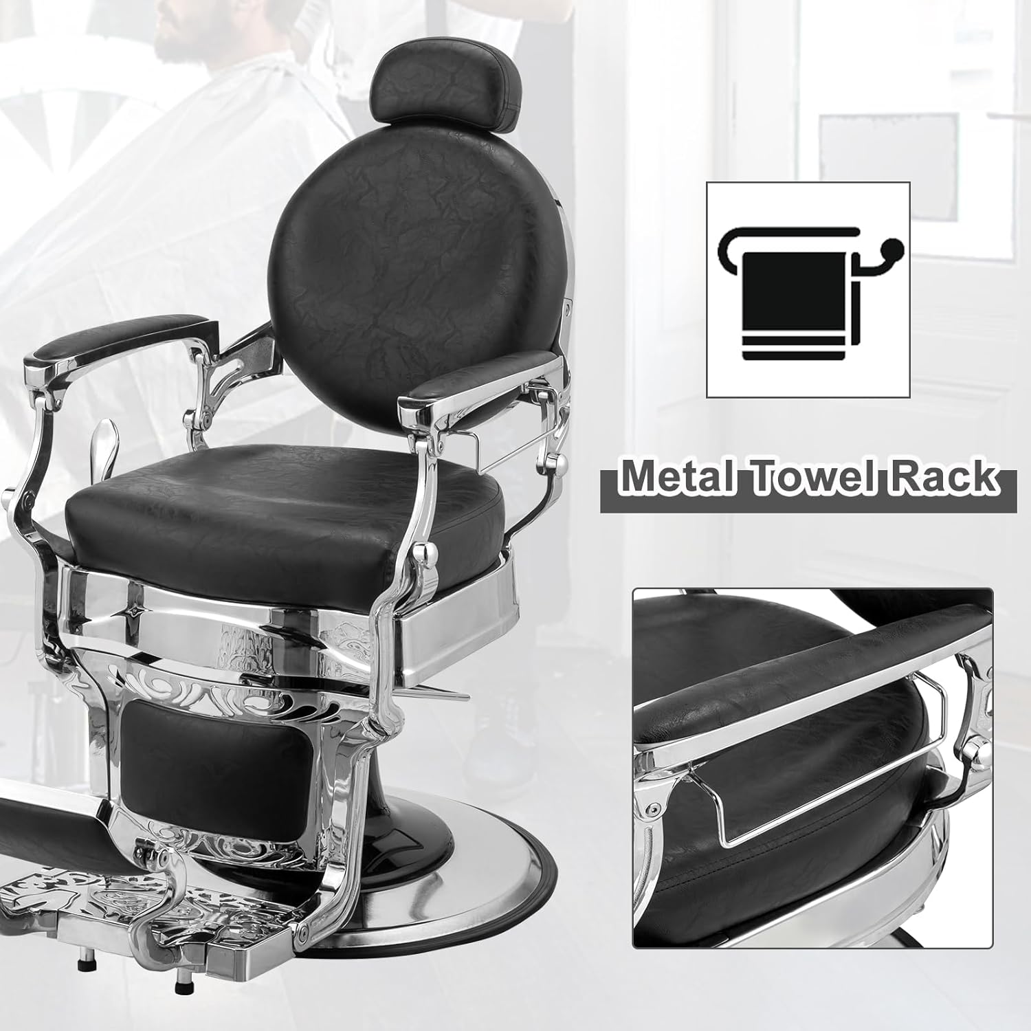 Winado Silla de peluquería reclinable vintage resistente con reposacabezas, soporta hasta 700 libras y rotación de 360, equipo de champú profesional