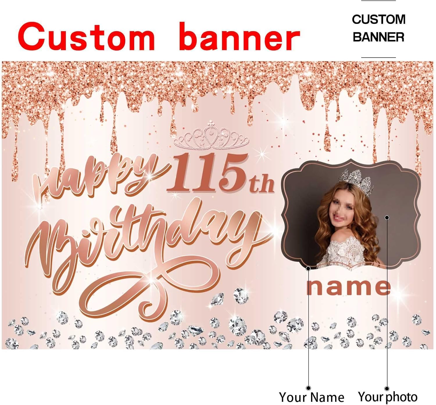Cartel personalizable de oro rosa para decoración de cumpleaños número 115, personalizado con nombre y foto
