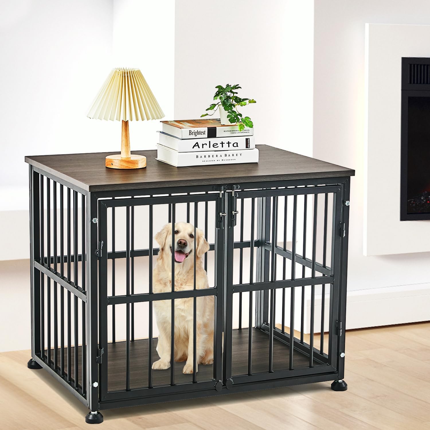 Mueble resistente de 32 pulgadas para perros medianos y grandes, mesa auxiliar de madera para perros, jaula decorativa para mascotas con 3 puertas