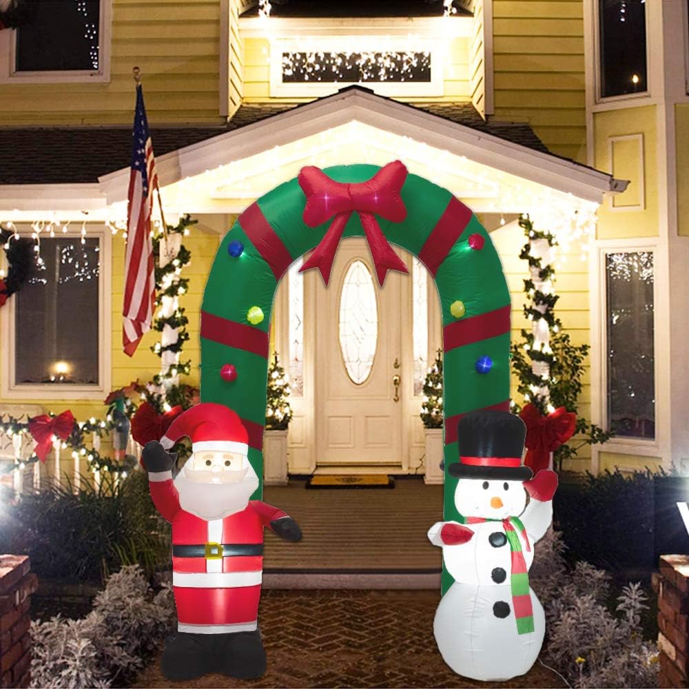 Decoración inflable de puerta de arco de Papá Noel y muñeco de nieve de 8 pies con luz LED para Navidad, fiesta, interior, exterior, patio, jardín,