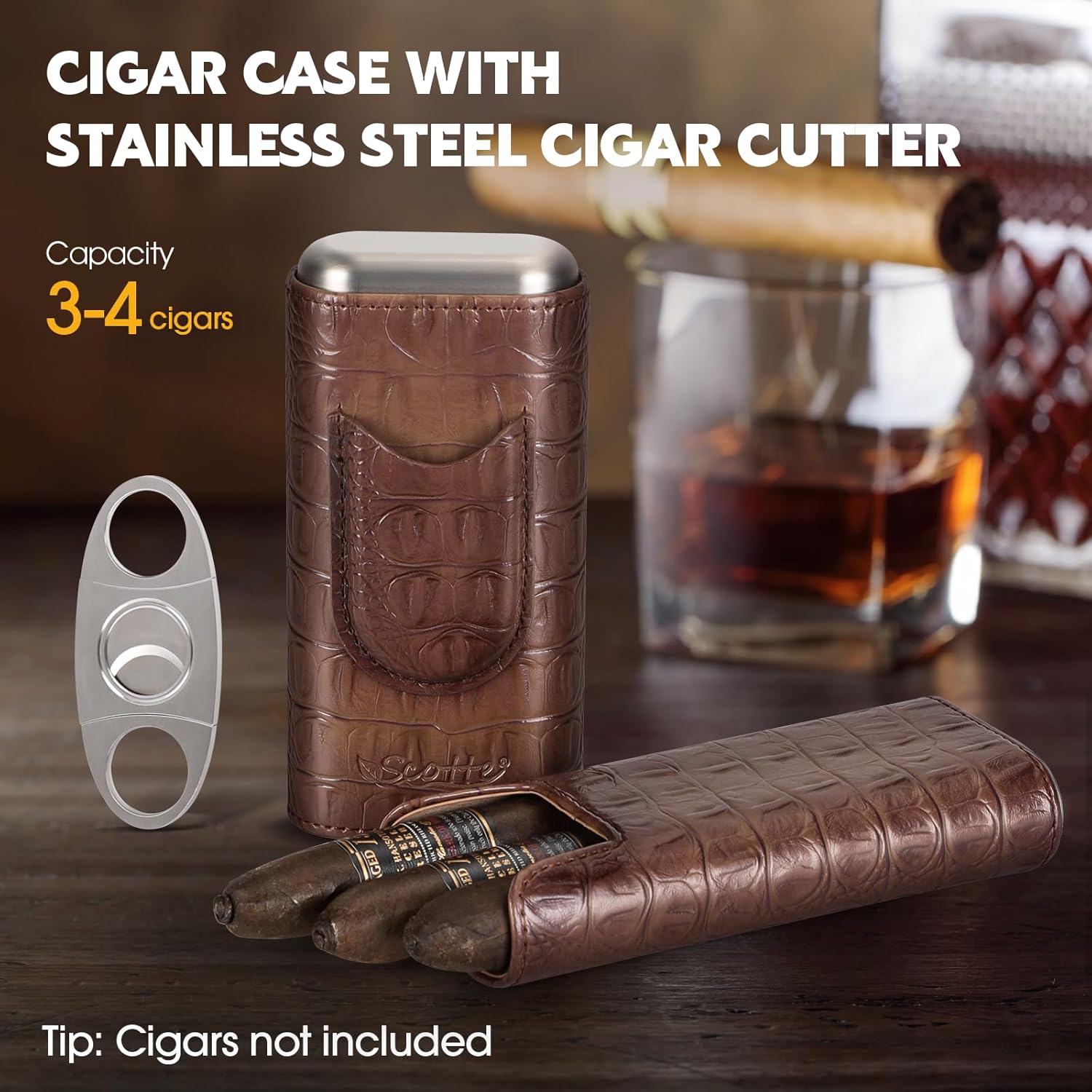 Scotte Estuche de viaje de cuero para cigarros, funda de viaje con forro de madera de cedro, caja de humidor de cigarros portátil con cortador de