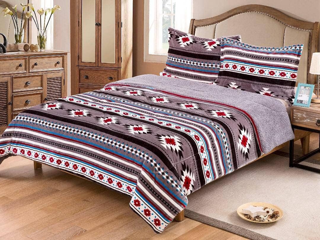 Linen Mart Southwest Aztec Sherpa Borrego – Juego de 3 piezas (gris, King)