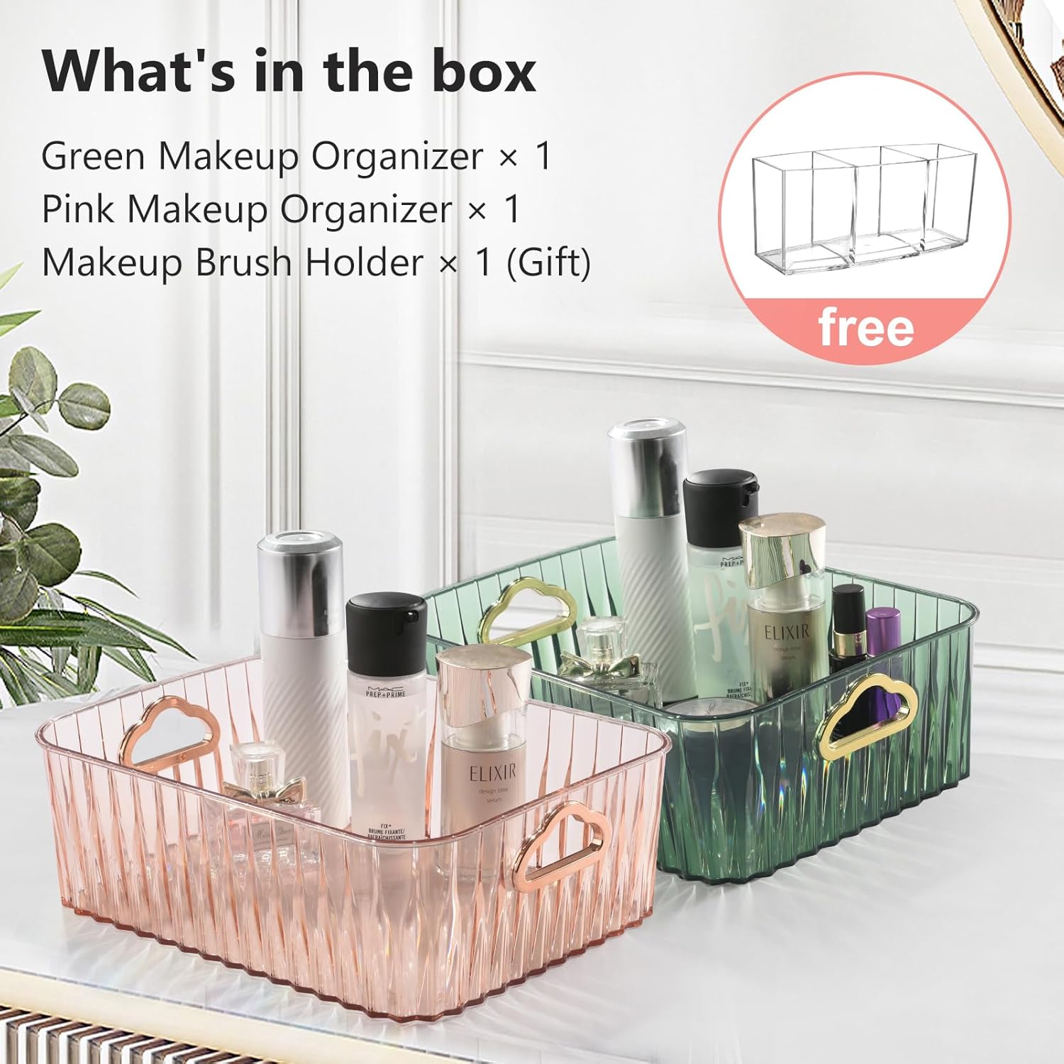 WINJECEI Paquete de 2 organizadores de maquillaje verde y rosa, organizadores de tocador de gran capacidad de 10 x 8 pulgadas con asa, organizadores