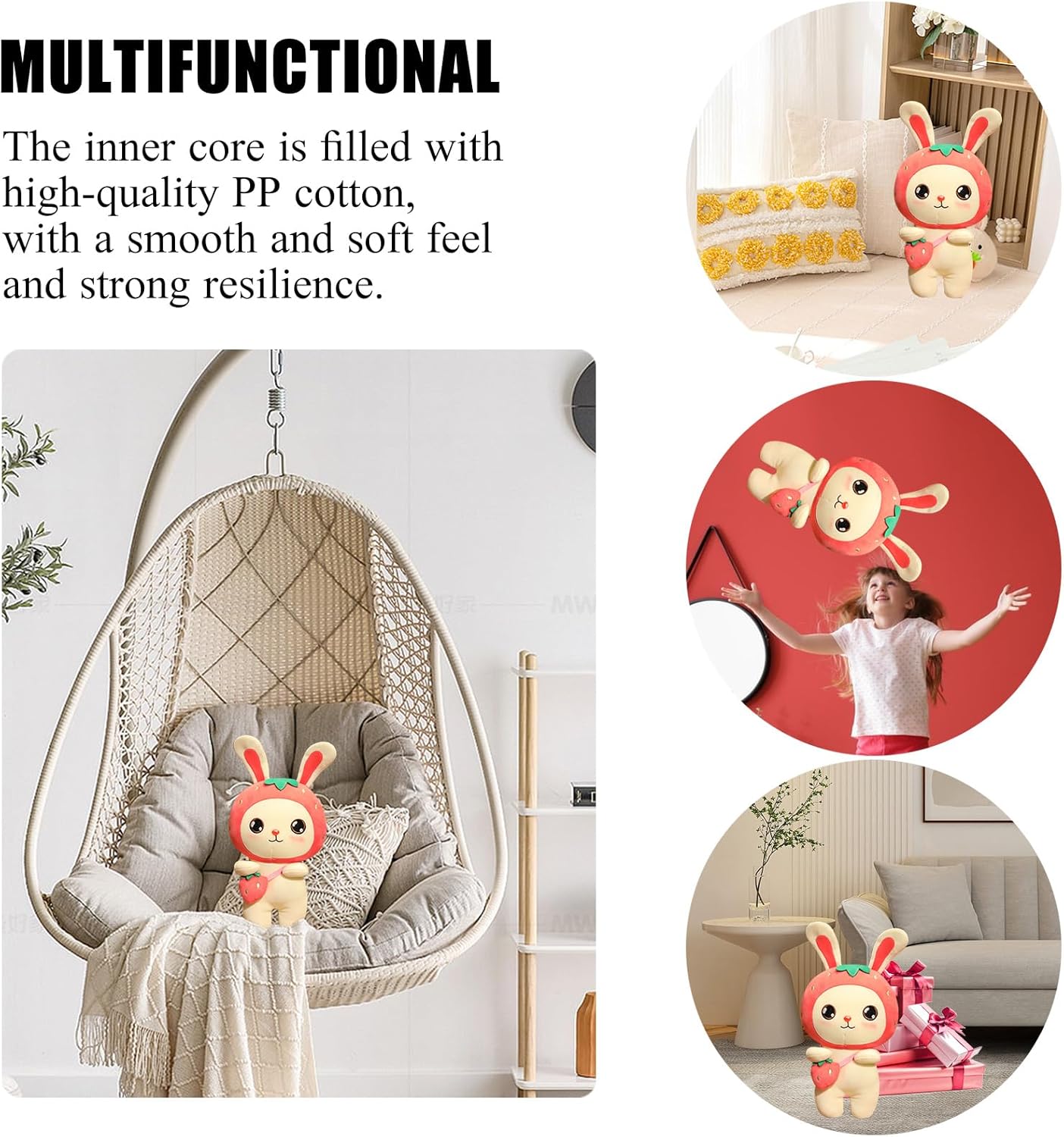 AUCOOMA Almohada de peluche de conejito de fresa para niñas, rosa 11.8