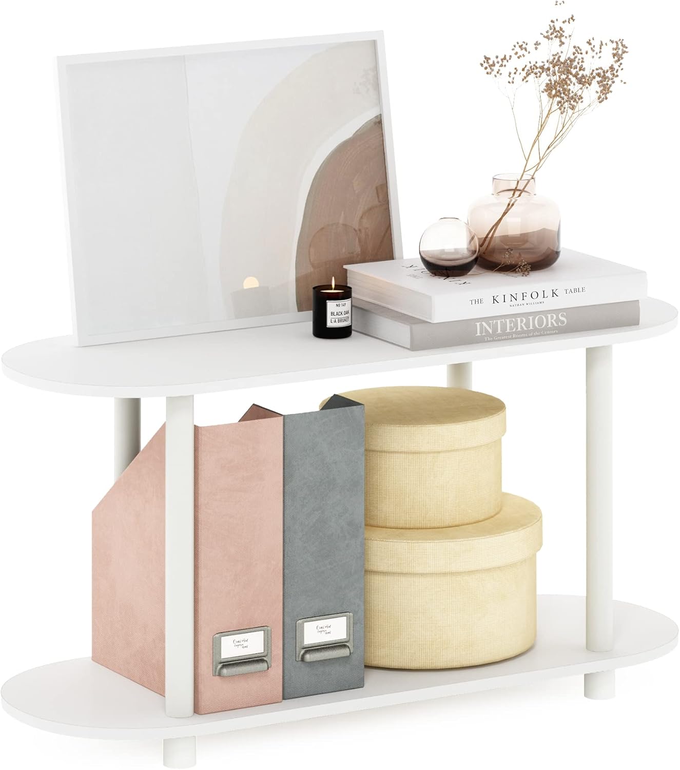 Furinno Turn-N-Tube – Mesa con laterales ovalados moderna, se monta sin herramientas, color blanco y blanco virgen