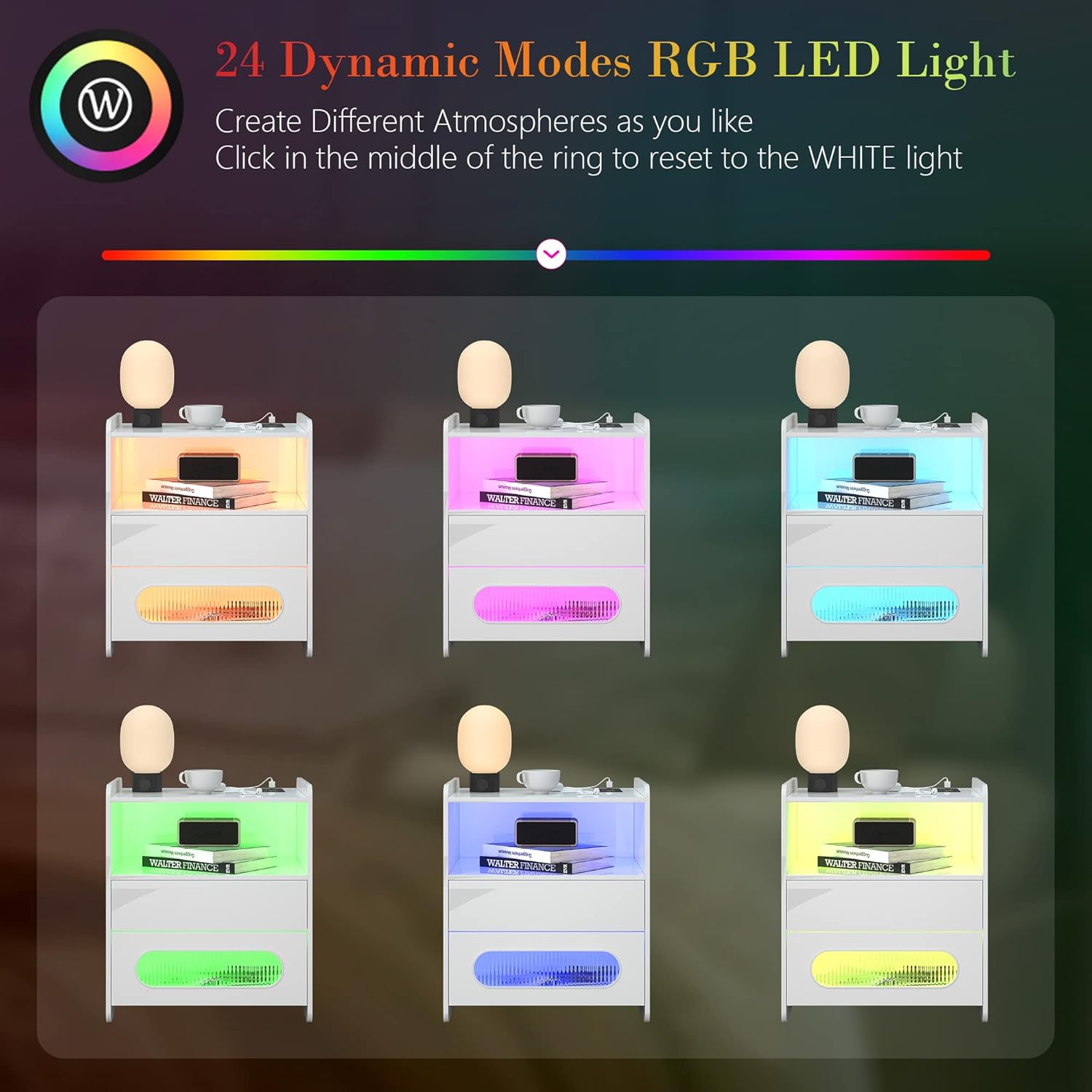 dnbss Mesita de noche LED RGB con estación de carga, moderna mesita de noche con cajones de almacenamiento de joyas, soporte de noche inteligente