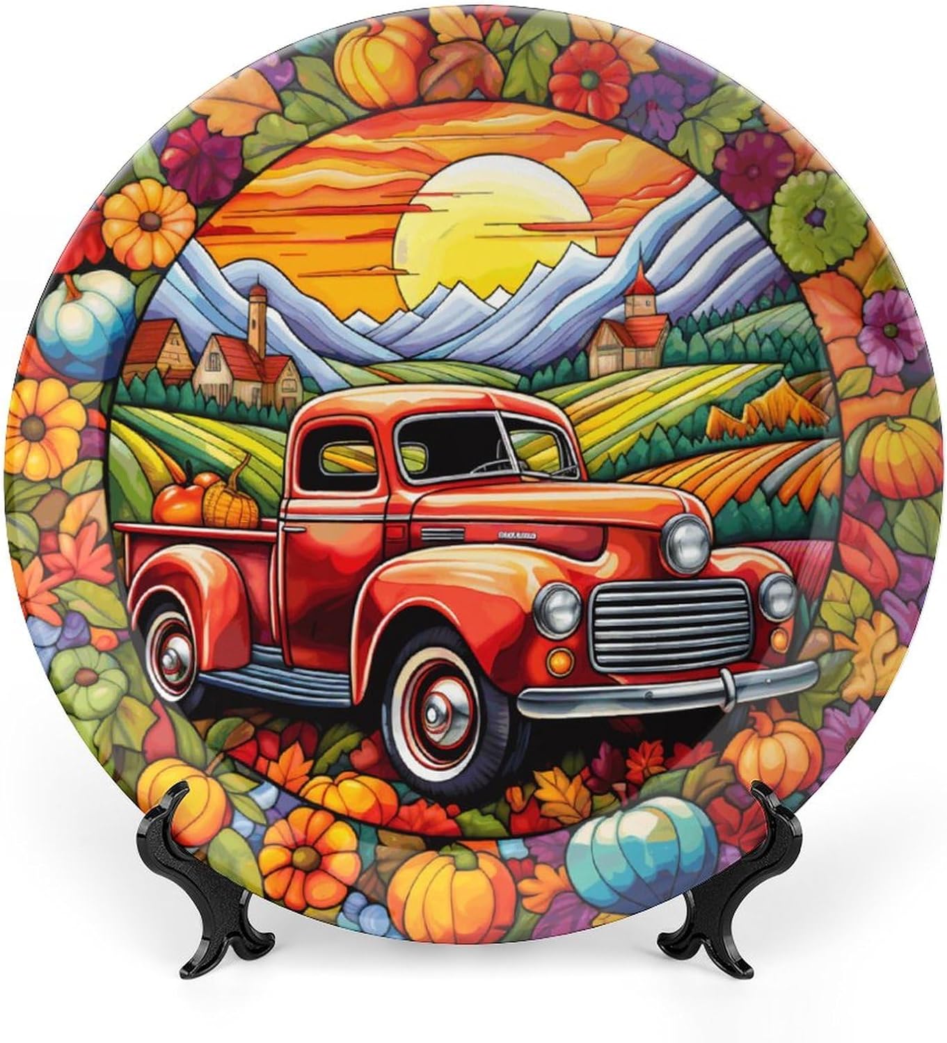Gokays Platos decorativos, diseño retro de otoño con corona de camión y calabaza, vitral, placa de exhibición para el hogar, oficina, cocina,