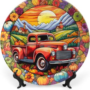 Gokays Platos decorativos, diseño retro de otoño con corona de camión y calabaza, vitral, placa de exhibición para el hogar, oficina, cocina, Gokays Platos decorativos, diseño retro de otoño con corona de camión y calabaza, vitral, placa de exhibición para el hogar, oficina, cocina,