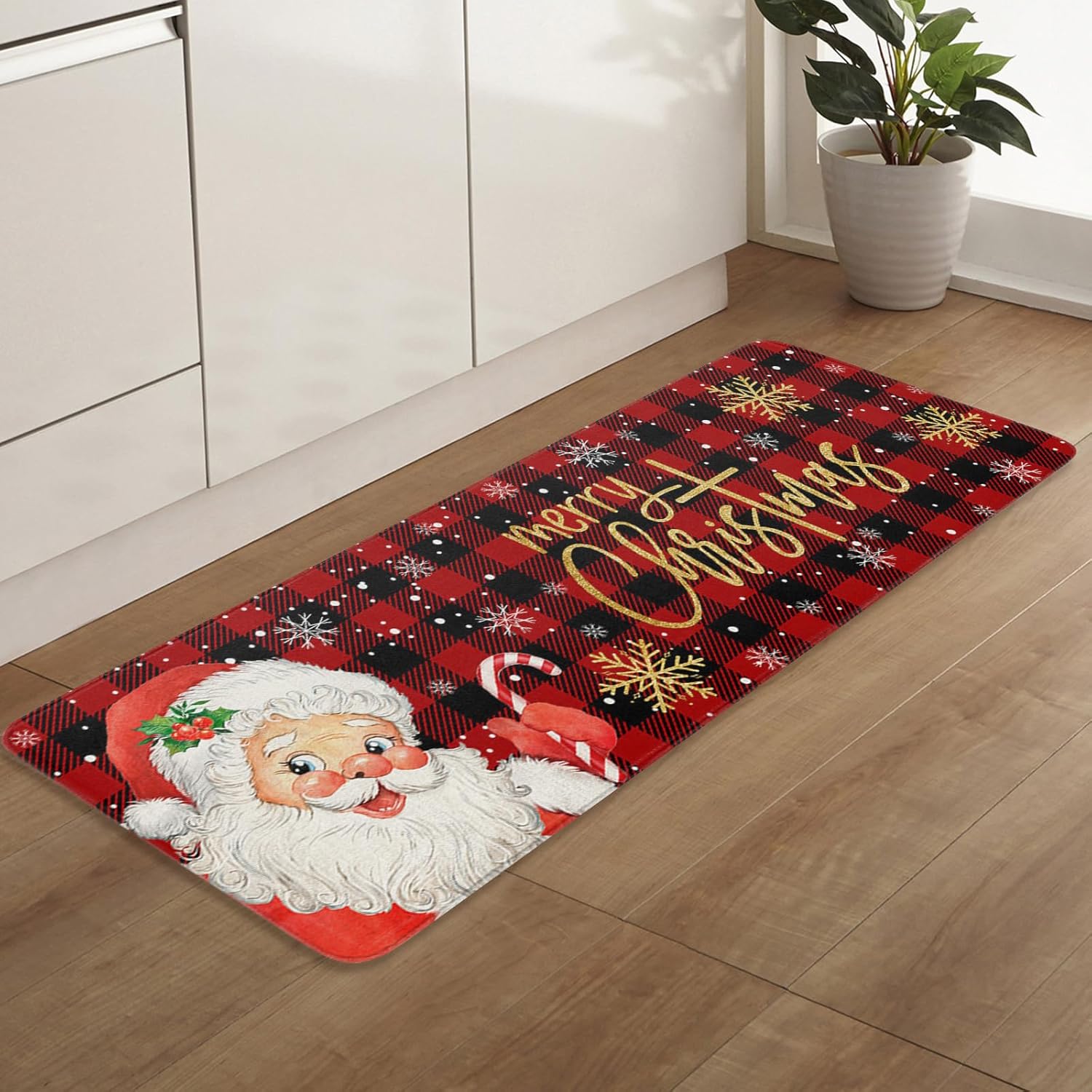 Alfombrillas de cocina de Papá Noel para piso, 2 piezas, diseño de búfalo rojo y negro, antideslizantes, juego de alfombras de cocina lavables,