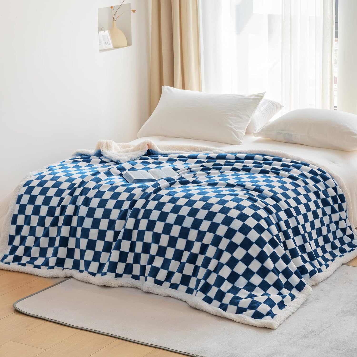 LOMAO Manta Sherpa de vellón con patrón a cuadros, suave, gruesa manta para sofá y cama, lujosa, cálida y acogedora para todas las estaciones (azul