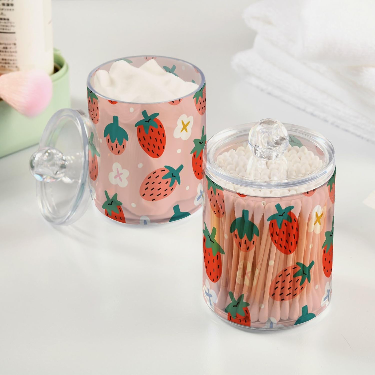 ZOEO Juego de 2 recipientes para baño, con diseño de bayas de verano, fresas, de plástico transparente, dispensador de tarros de almacenamiento de