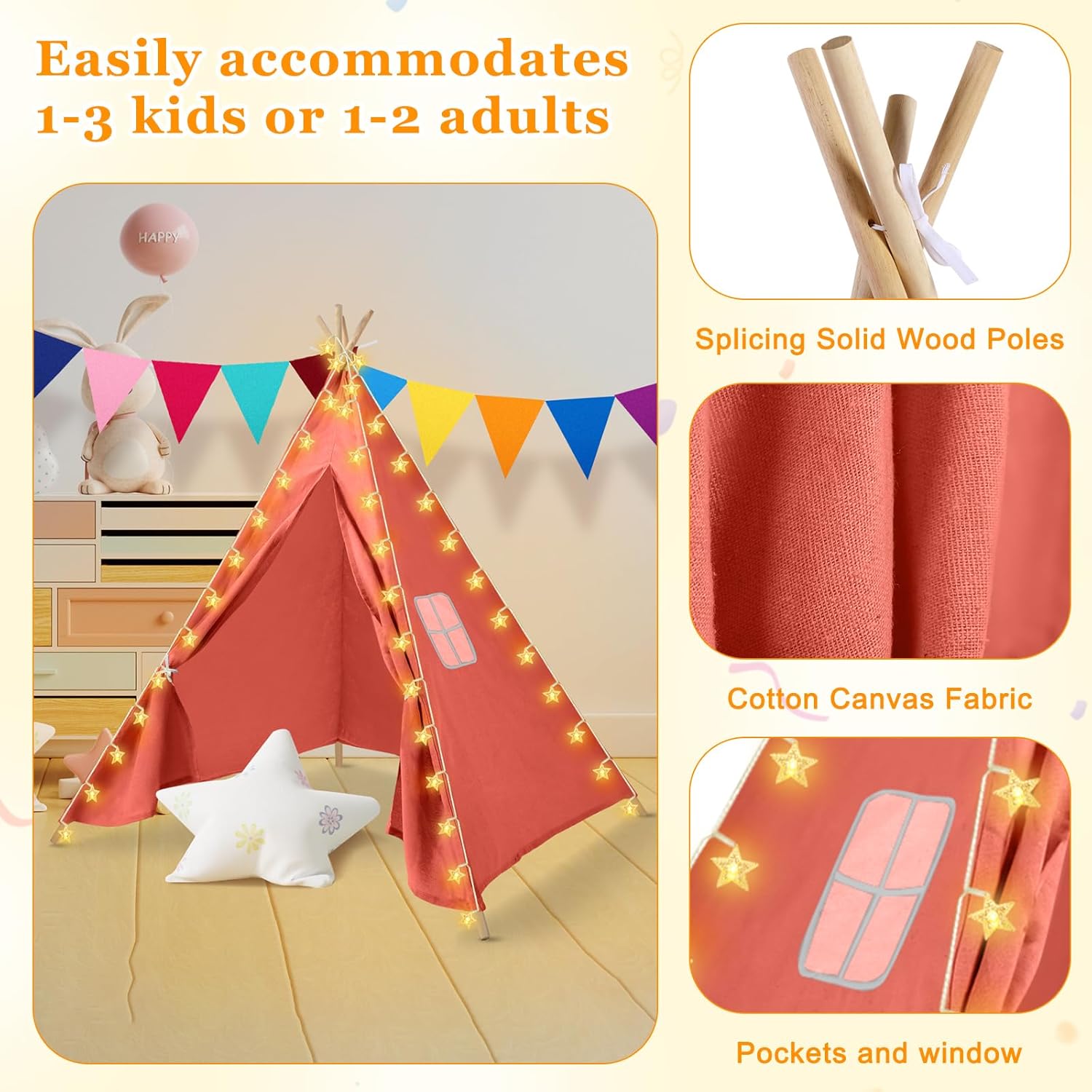 Juego de 6 tiendas de campaña para niños, tienda de campaña para niños con cadena de luces, pancarta, plegable, lavable, tienda de campaña para