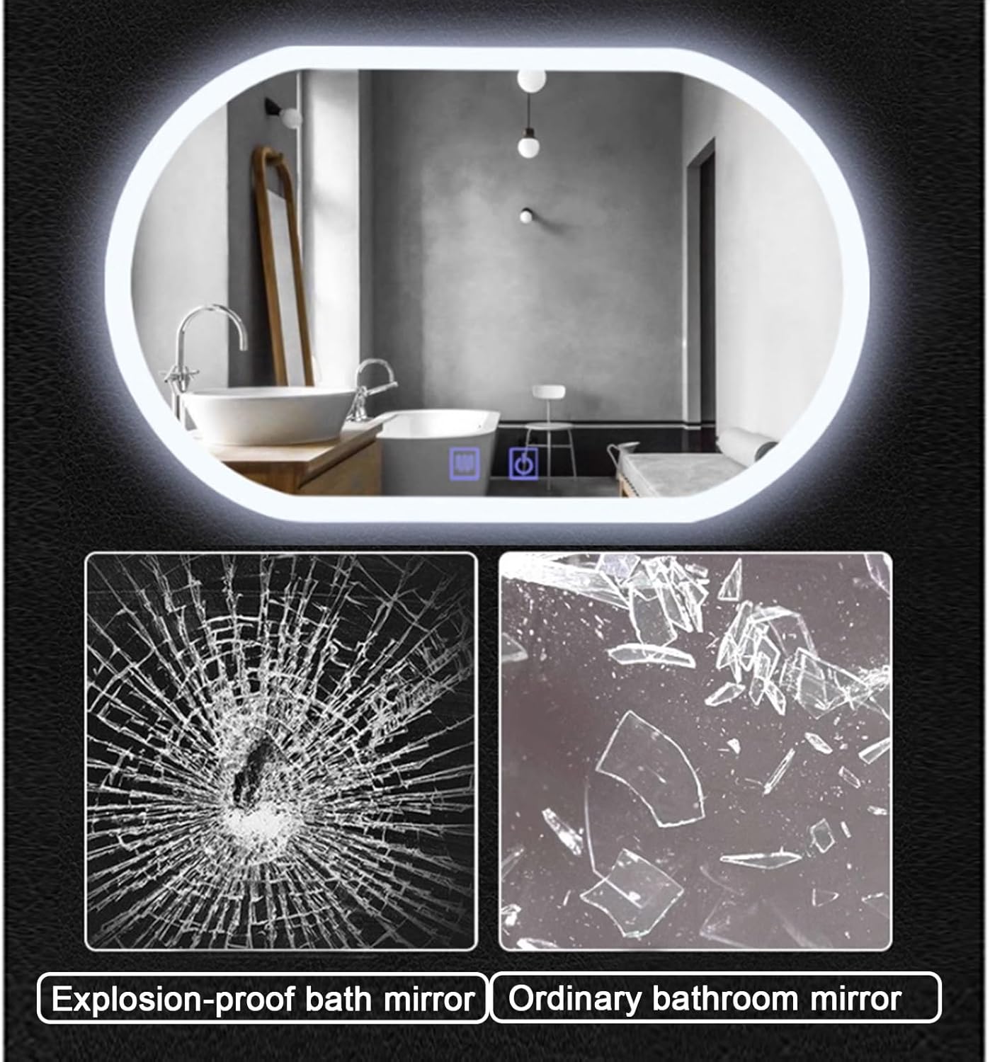 Espejo de baño LED, espejo de pared ovalado sin marco, espejo de tocador con tacto demister, espejo LED iluminado, un solo toque, botón doble