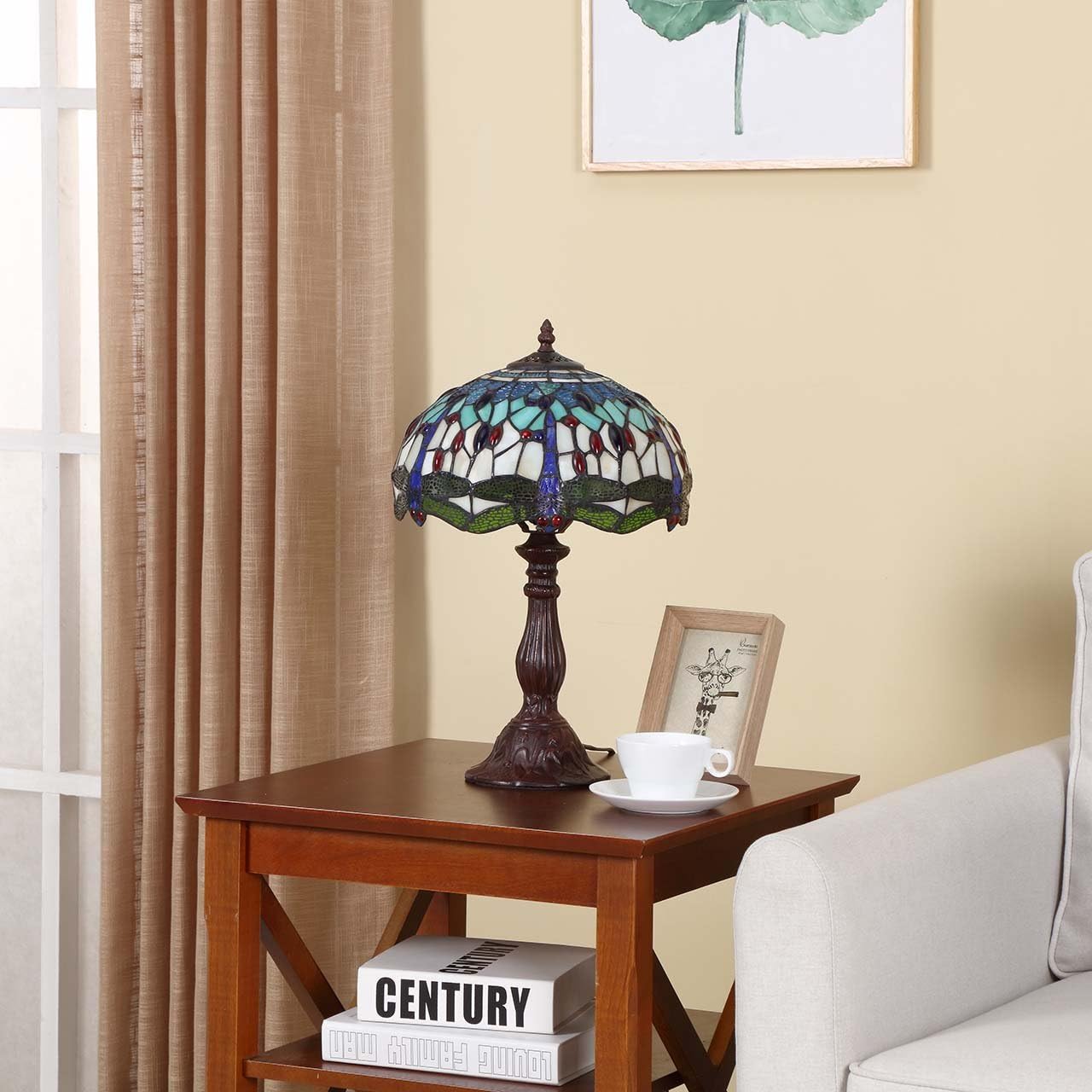 Bieye L11402 Dragonfly Tiffany Style Lámpara de mesa de vidrieras con base de metal para sala de estar, mesita de noche, decoración del hogar, 12