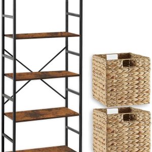 Vagusicc Estantería de 5 niveles con 2 cestas de almacenamiento, estante alto organizador de almacenamiento de madera, estantes modernos con marco Vagusicc Estantería de 5 niveles con 2 cestas de almacenamiento, estante alto organizador de almacenamiento de madera, estantes modernos con marco