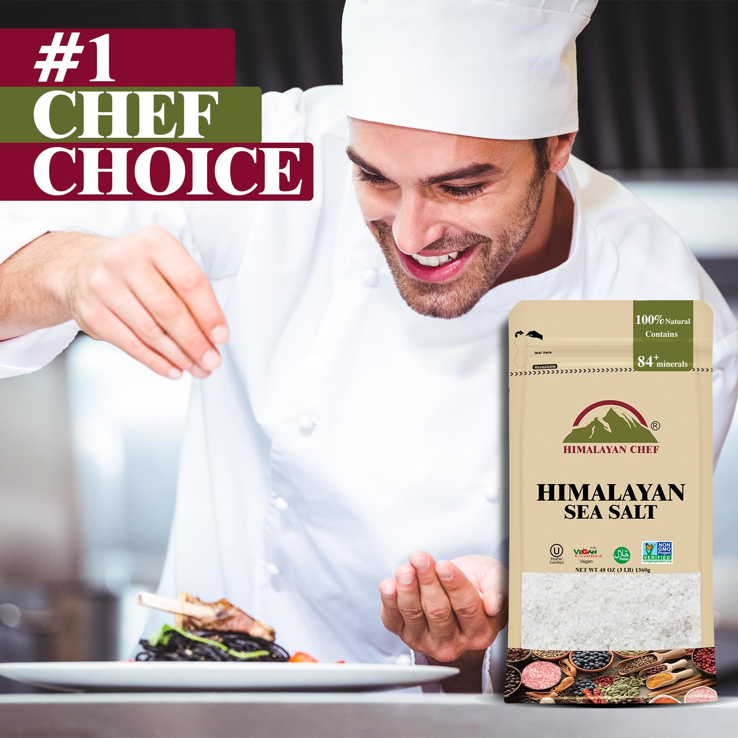 Himalayan Chef Sal marina, grano fino totalmente natural, 576 onzas de sal marina, no yodada, sin aditivos, sal mineral sin refinar para cocinar