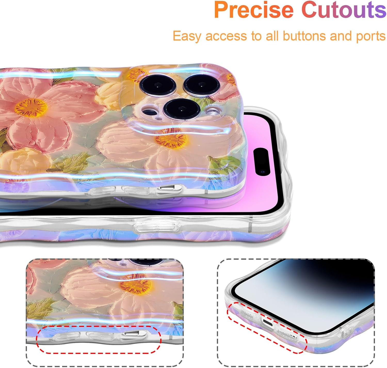 EYZUTAK Funda para iPhone 12 Pro, colorida pintura al óleo retro impresa flor láser patrón brillante lindo rizado borde exquisito teléfono cubierta