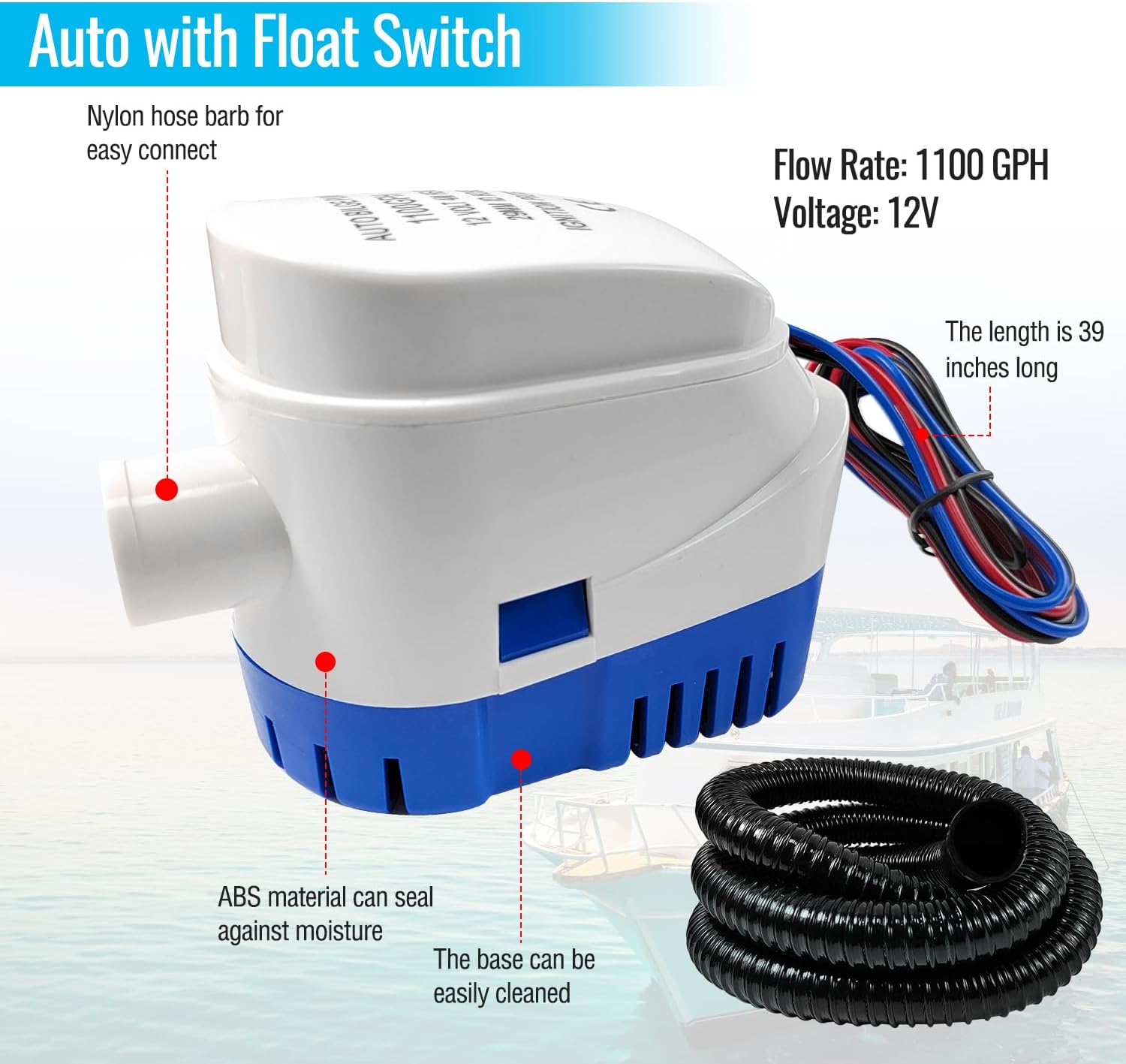 Kit de bomba de sentina automática para barcos, kit de plomería de bomba de sentina de 1-18 pulgadas, incluye bomba de sentina de 12 V 1100 Gph, 1