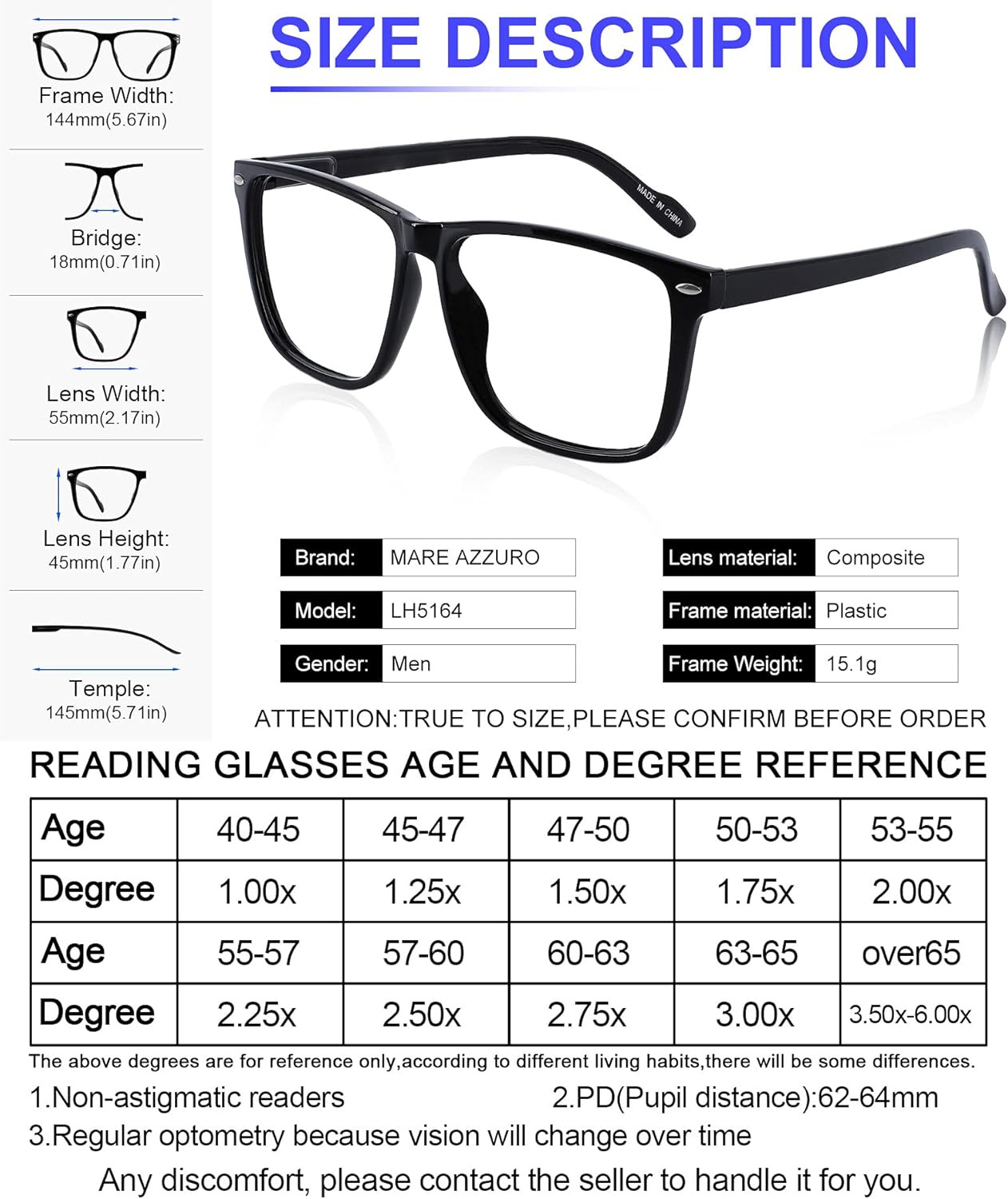 MARE AZZURO Gafas de lectura de gran tamaño para hombres de moda grandes lectores cuadrados 1.0 1.25 1.5 1.75 2.0 2.25 2.5 2.75 3.0 3.5 4.0 5.0 6.0