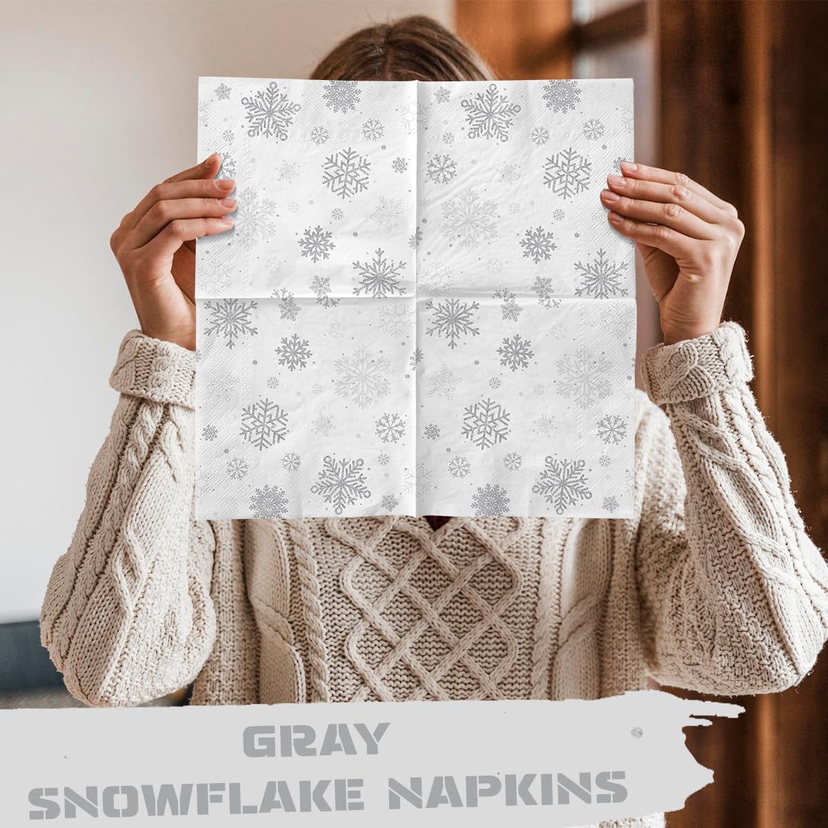 40 servilletas de Navidad con copos de nieve, decoración de fiesta, copos de nieve de invierno, color gris plateado, tema del país de las