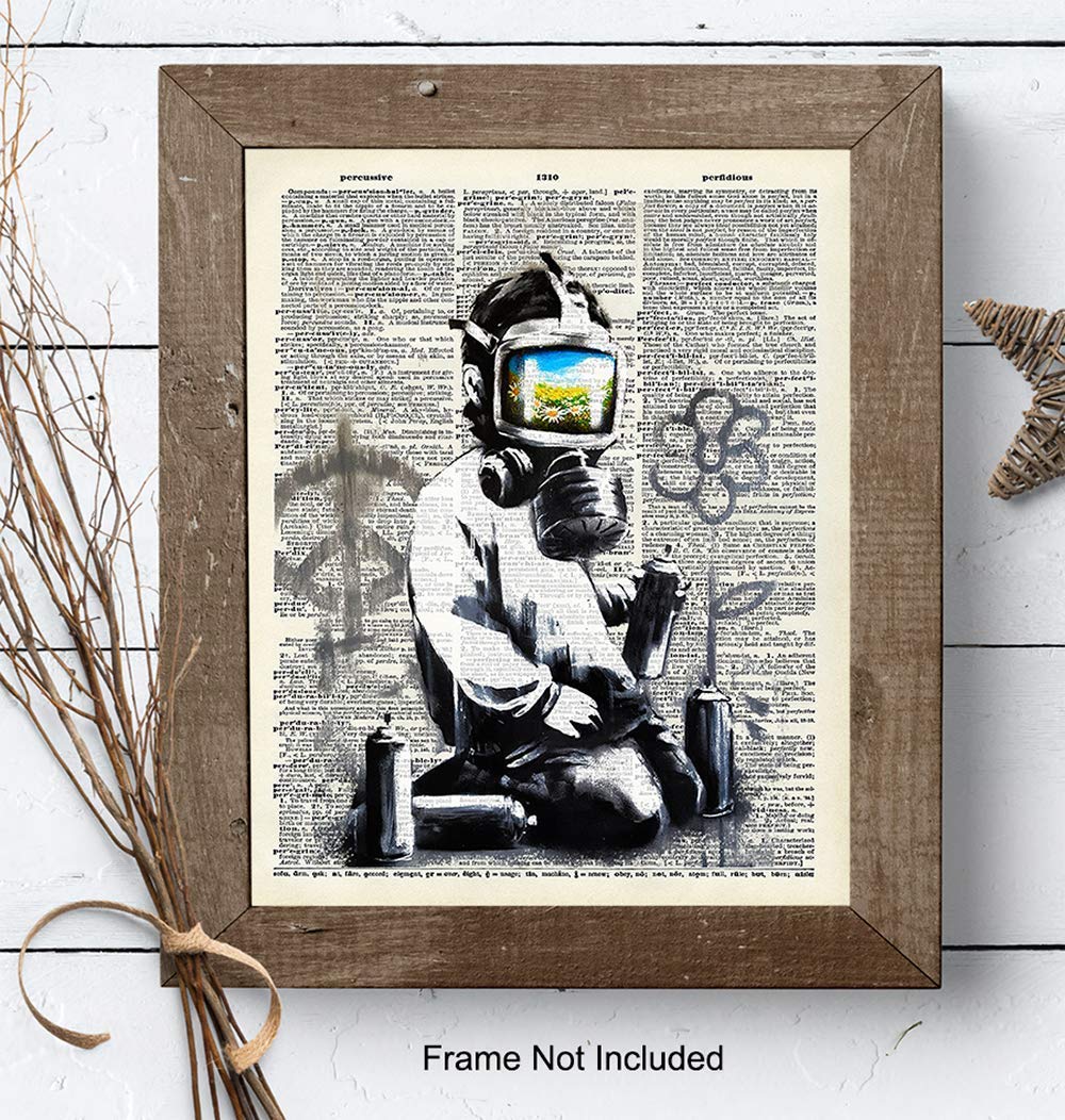 Banksy Gas Mask Graffiti Street Art Mural – Contemporary Dictionary Art, Home Decor – Upcycled Wall Art Print, Poster – Unique Room Decorations –