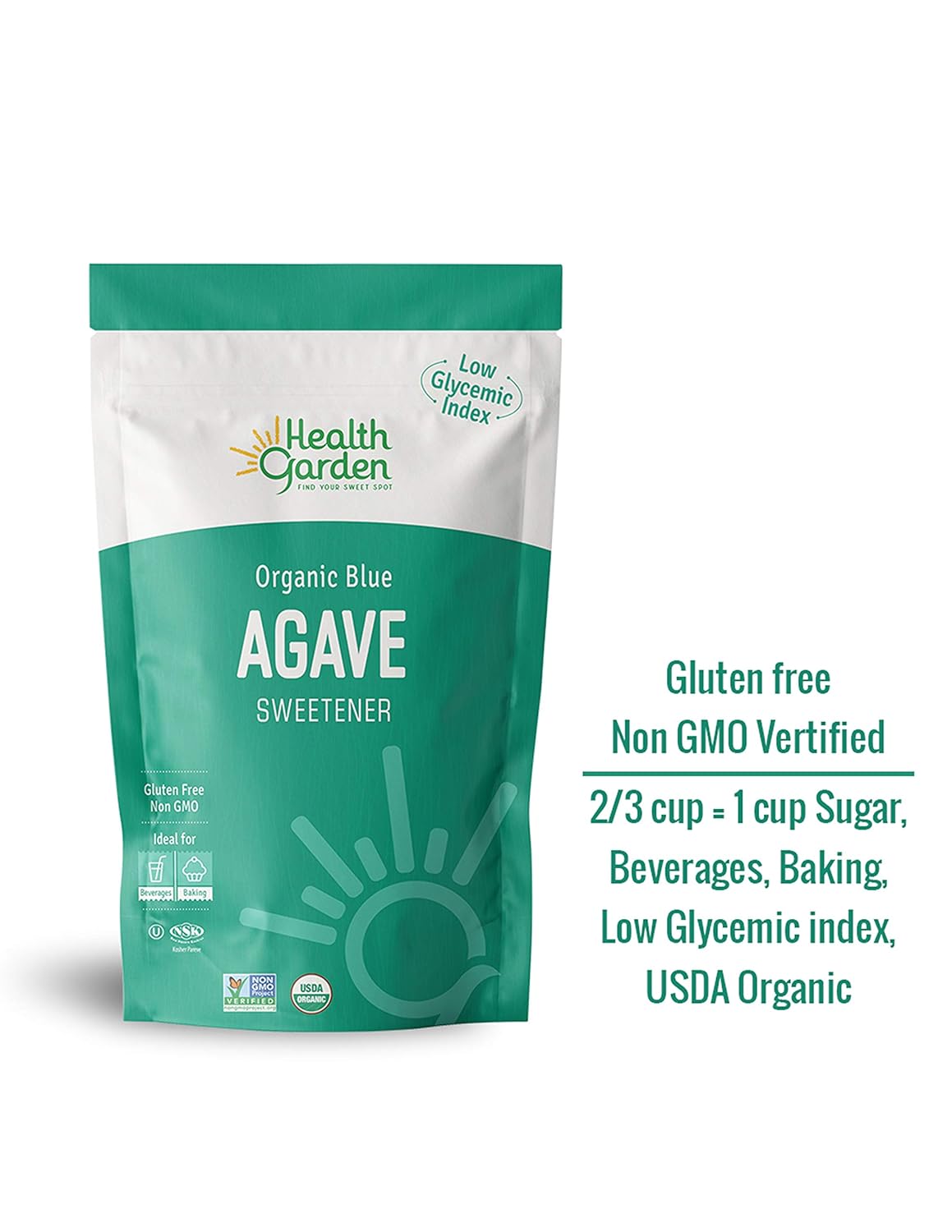 Health Garden Cristales edulcorantes de agave azul, orgánicos, sin OMG, bajo índice glucémico, kosher, aptos para dieta keto (12 onzas)