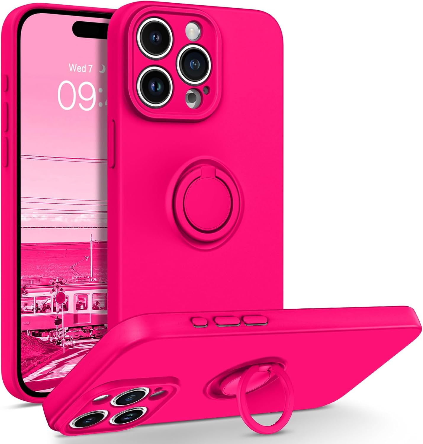 BENTOBEN Funda compatible con iPhone 15 Pro Max 2023, ajuste delgado, de silicona suave, goma de gel, soporte de anillo a prueba de golpes,