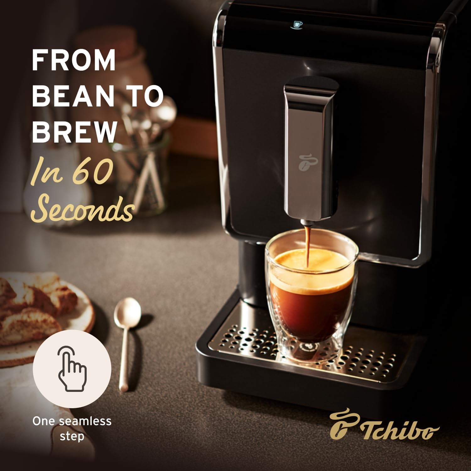 Tchibo Cafetera de una sola porción, máquina automática de café expreso, molinillo integrado, no necesita cápsulas de café, viene con 3 bolsas de