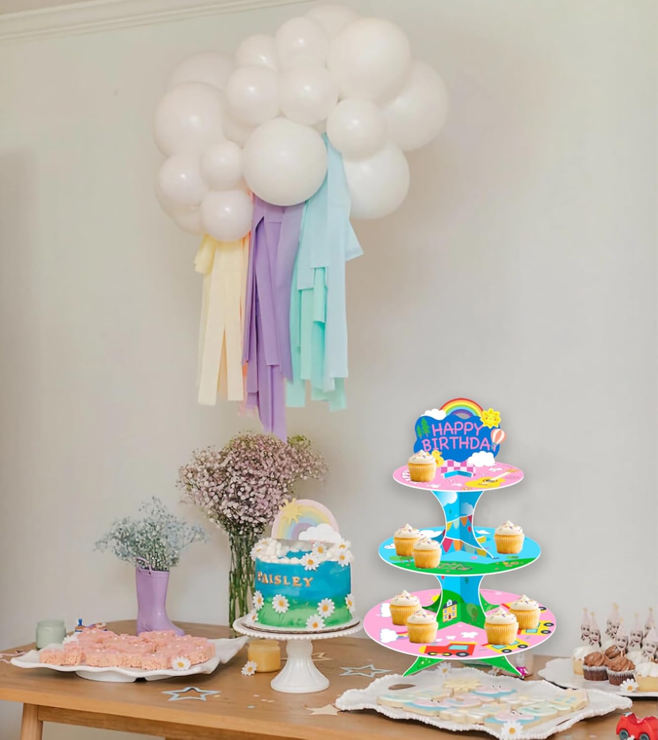 Soporte de cupcakes rosa de dibujos animados, suministros de fiesta temática de niña rosa para niños, decoración de cupcakes, soporte de pastel de