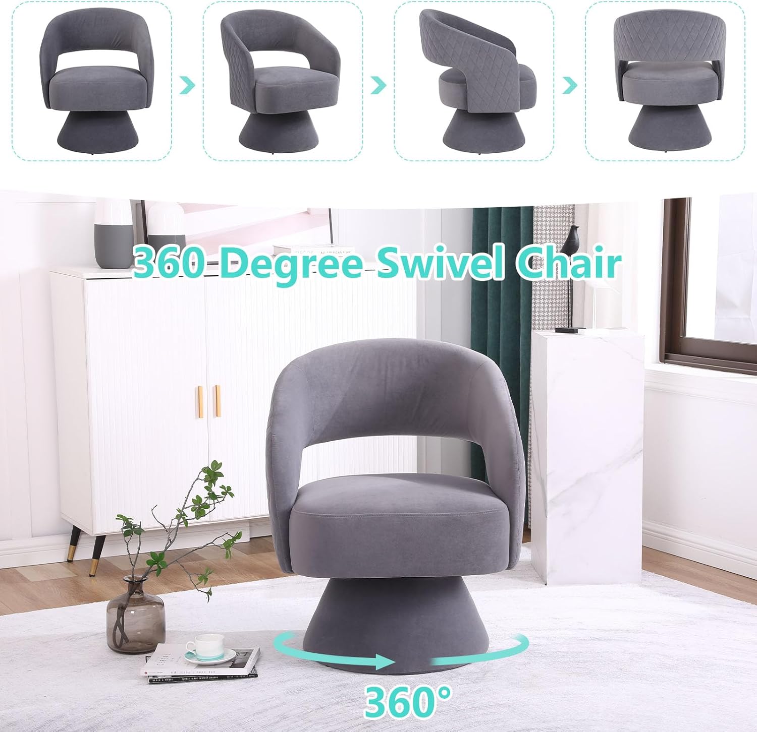ODUWA Silla giratoria de barril de acento, moderna silla redonda de terciopelo con respaldo abierto curvo, cómoda silla giratoria de 360 grados para