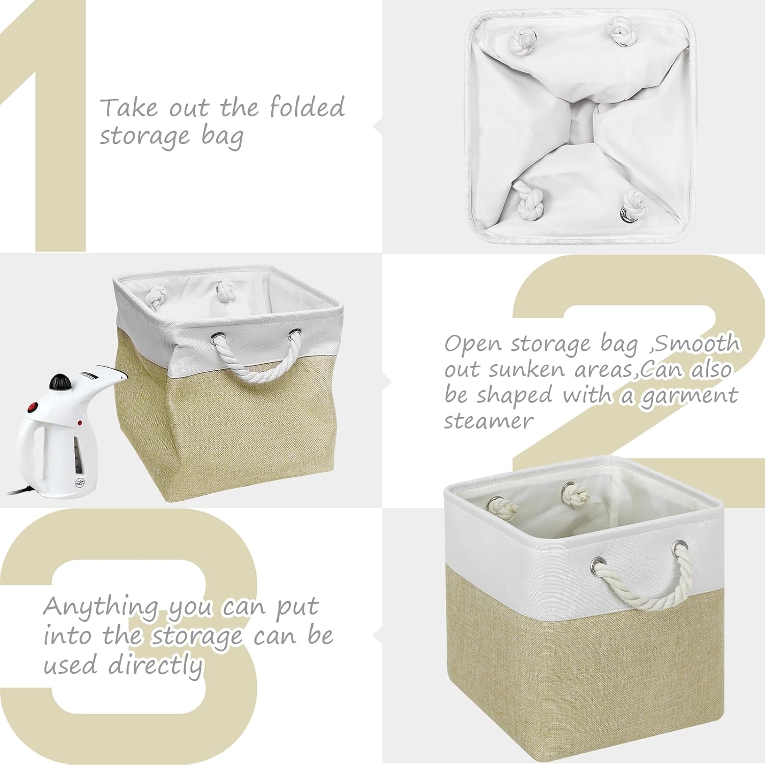 Contenedores grandes de almacenamiento de 11 x 11 pulgadas con asas de algodón para armario, estantes, ropa, juguetes, toallas (blancobeige, paquete